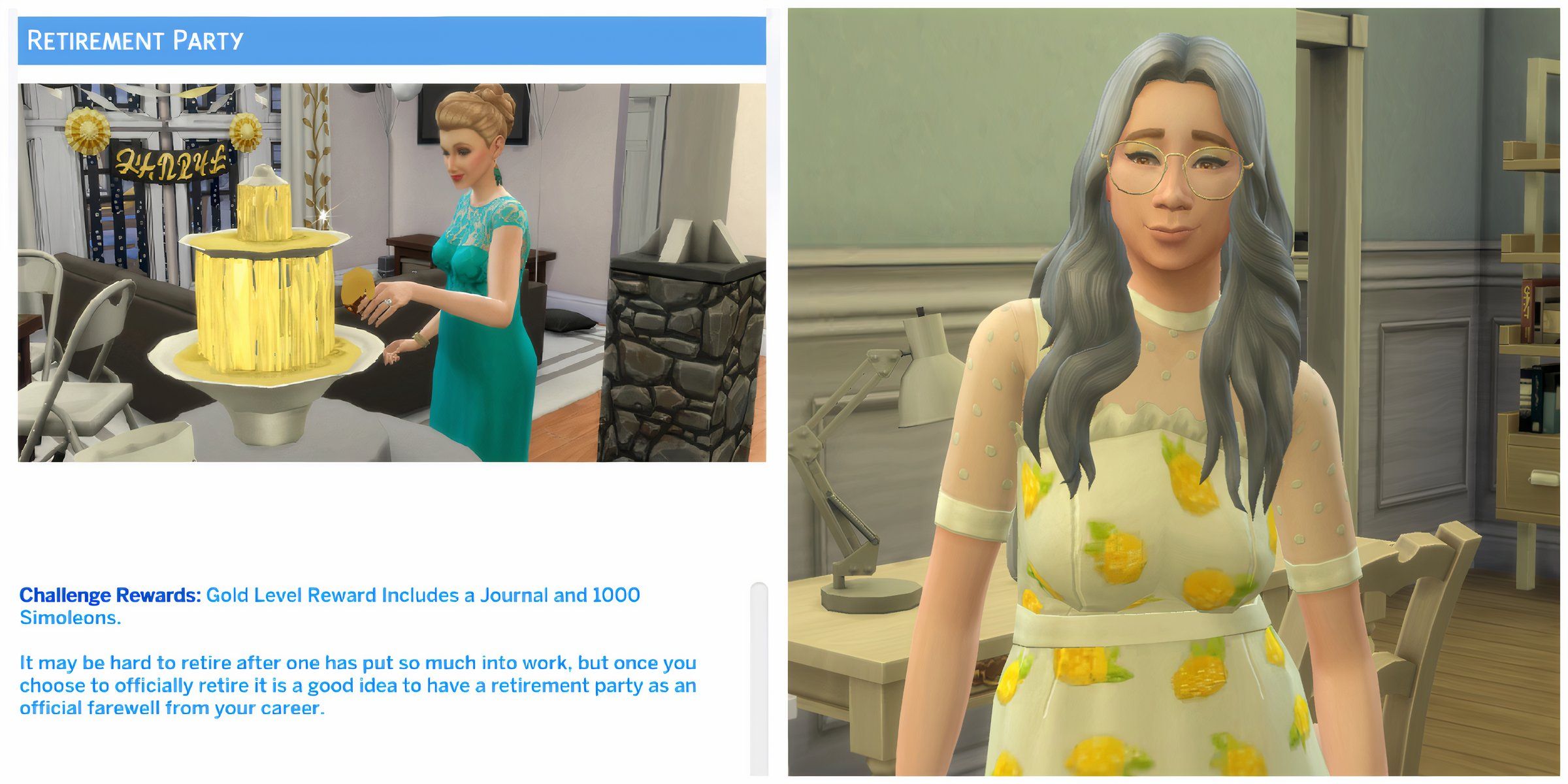 An elderly Sim and the description for the Retirement Party