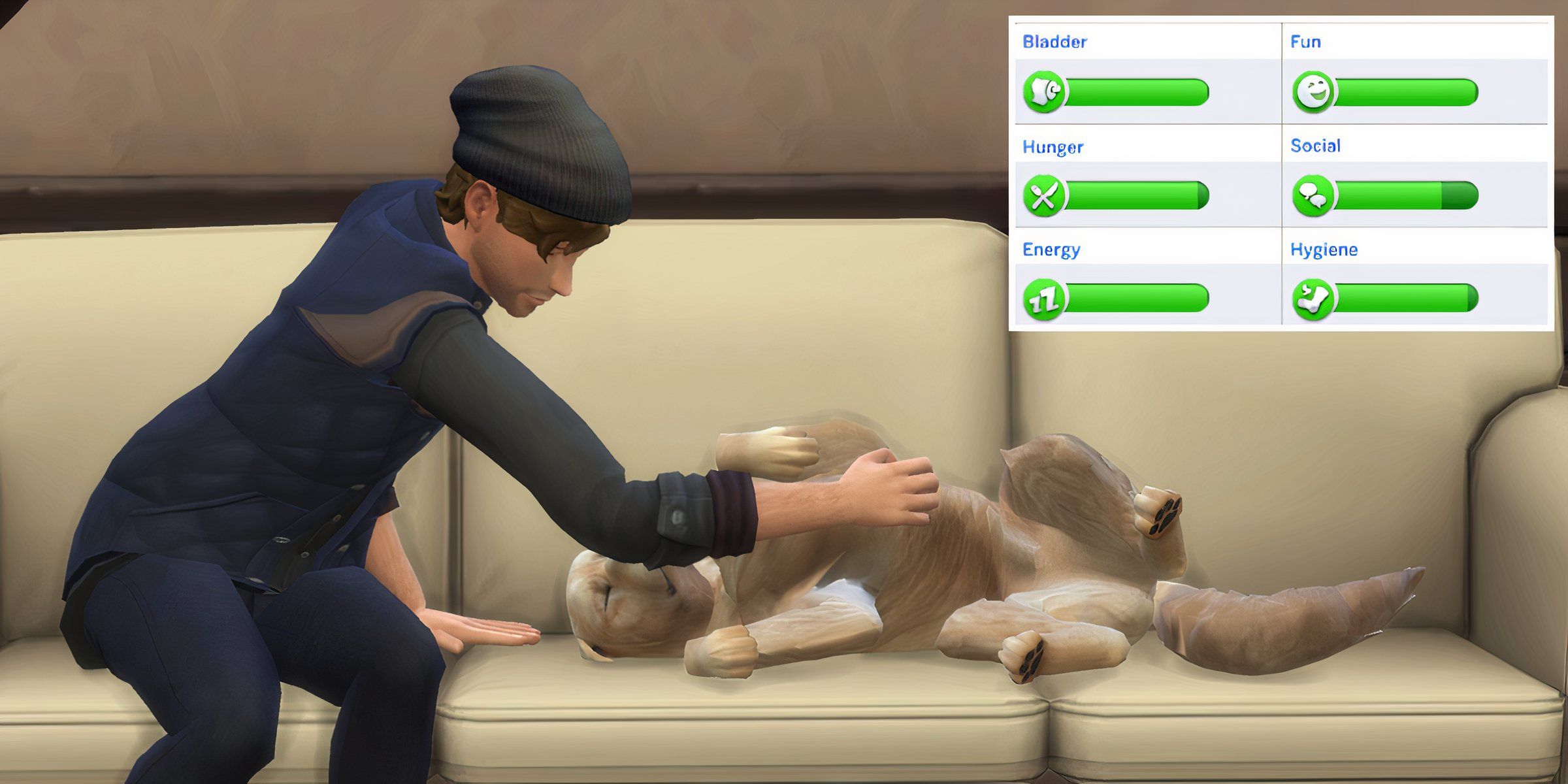 A dog getting belly rubs and the dog's needs panel which can be seen using the Selectable Pets Always mod