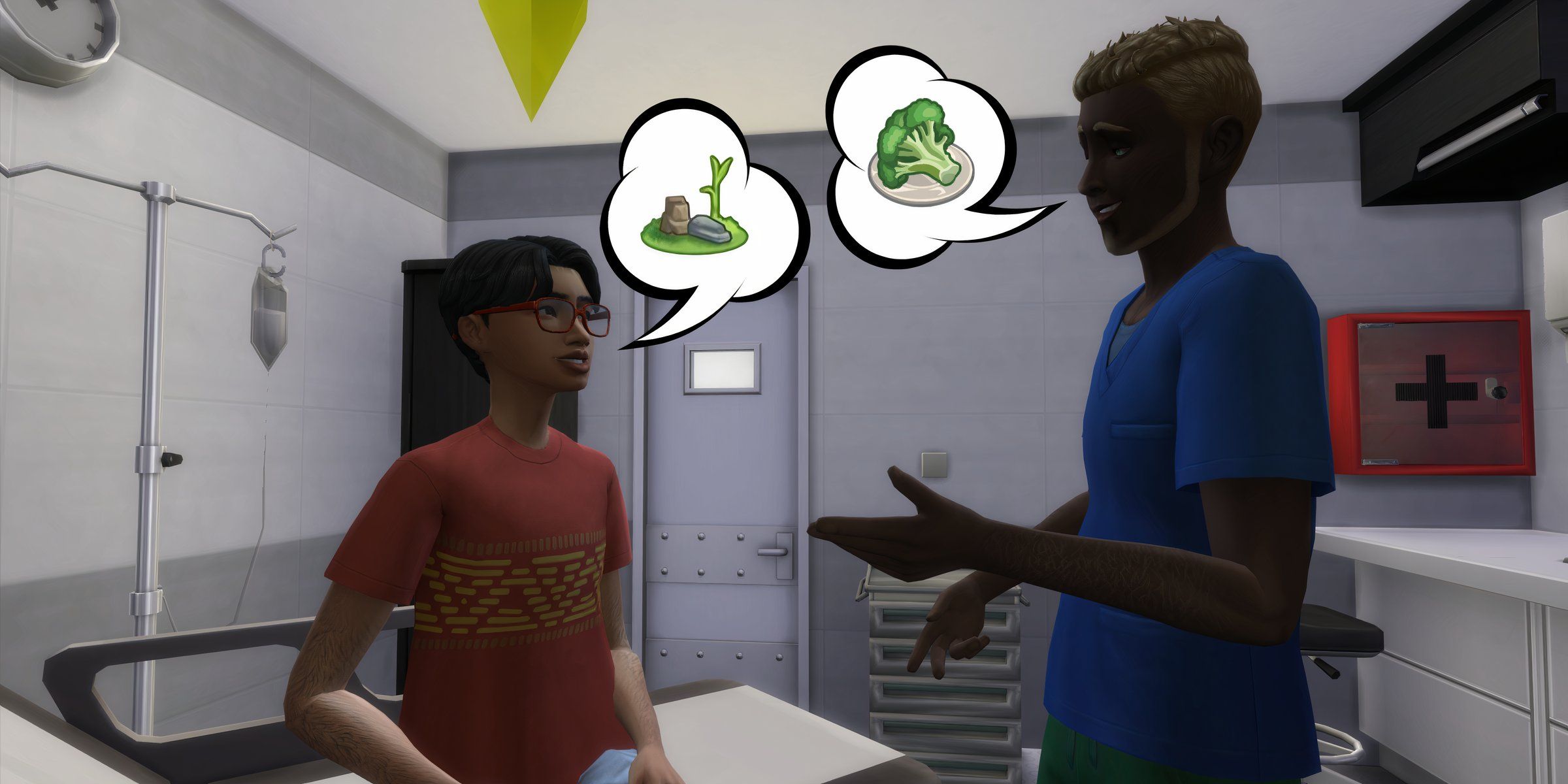 A Sim at the doctor talking about health and wellness with the new interactions from the Xtra Interactions mod