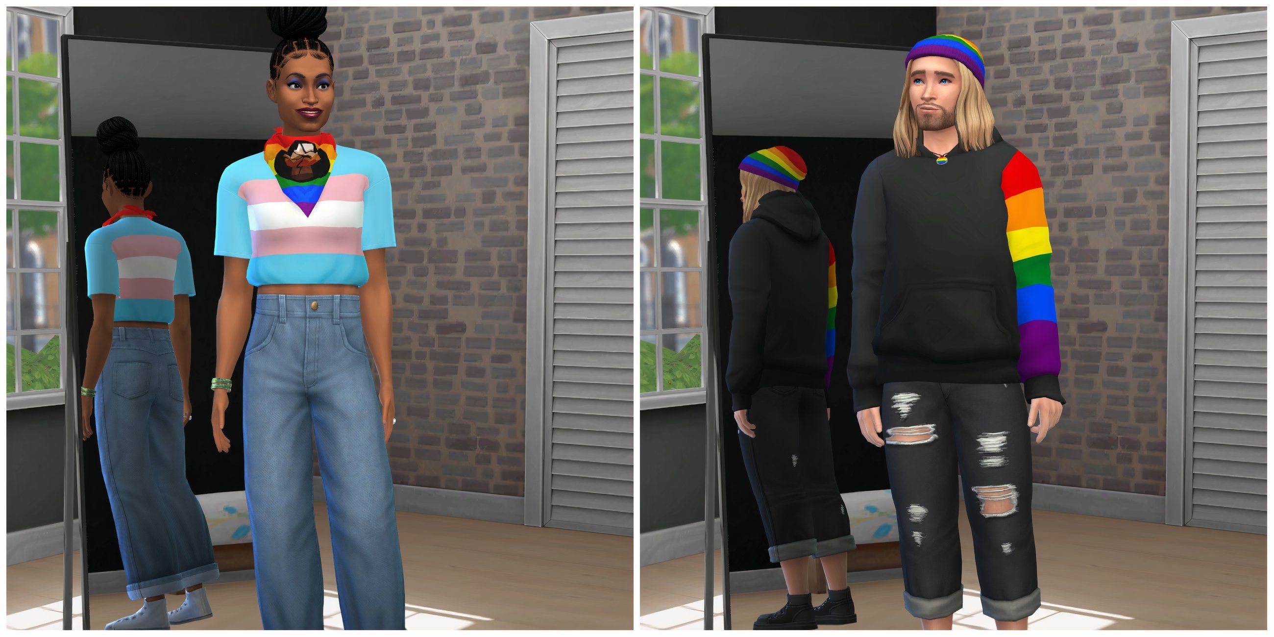 Sims wearing pride clothing from the Yeehaww Sims-Pride Recolours mod