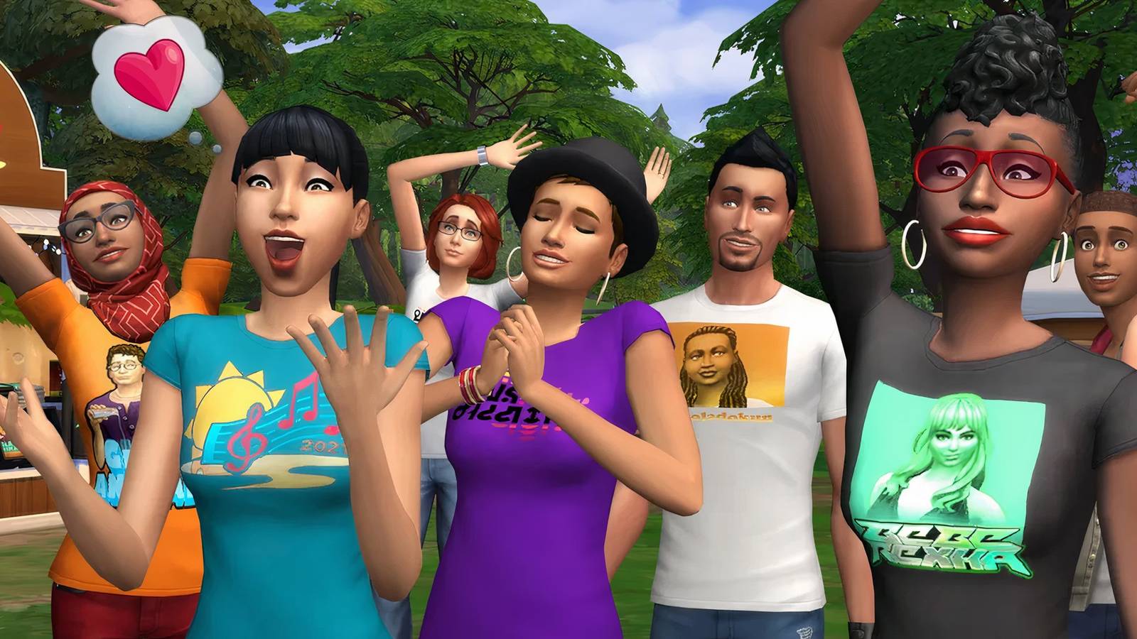 Sims townies grouped into an excited crowd
