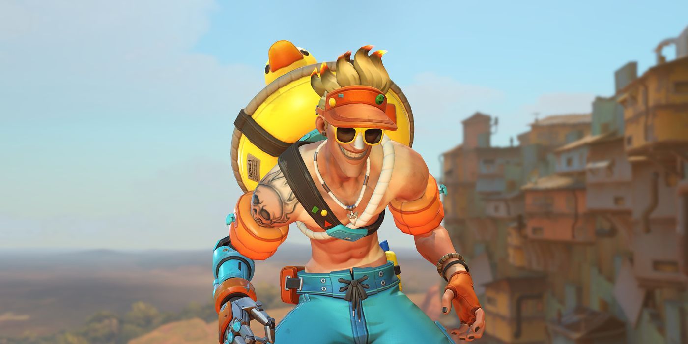 An image of the hero Junkrat from Overwatch 2 with the Beachrat skin equipped