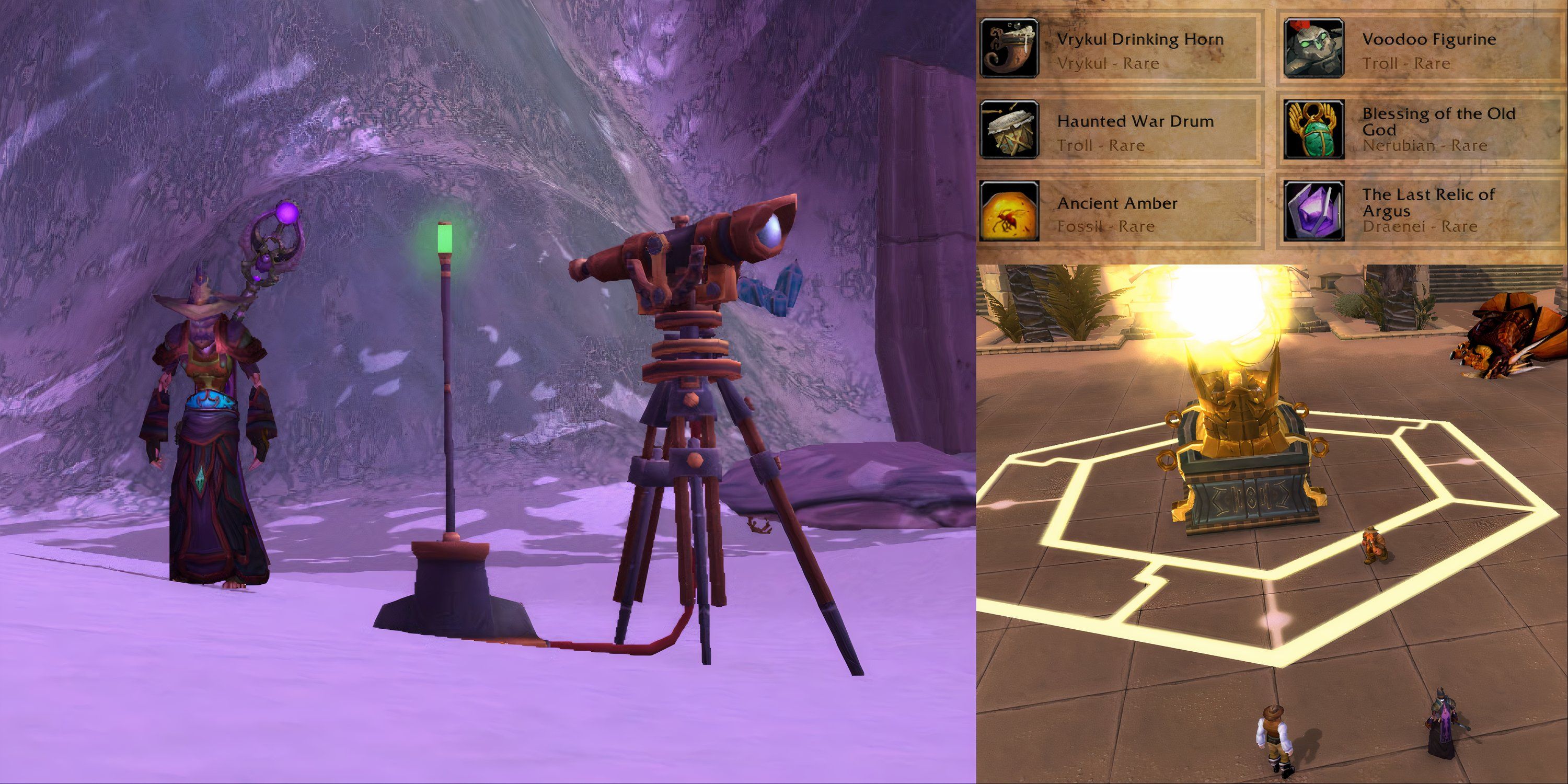 a split image of the best rare and epic archeology items world of warcraft cataclysm 
