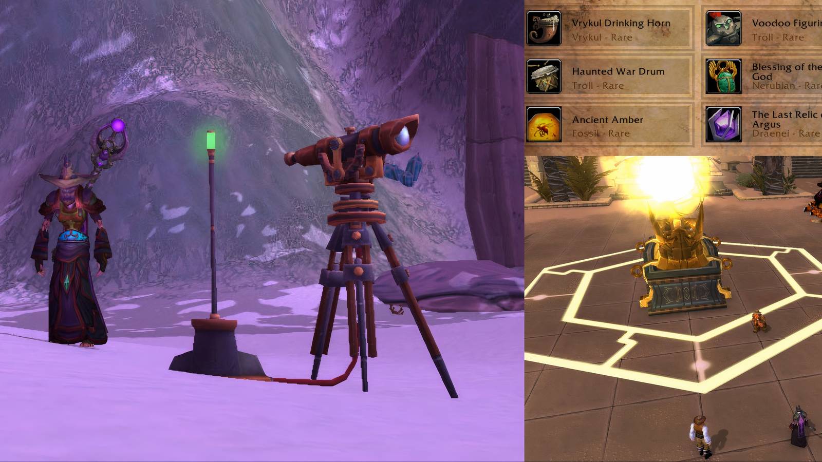 a split image of the best rare and epic archeology items world of warcraft cataclysm 