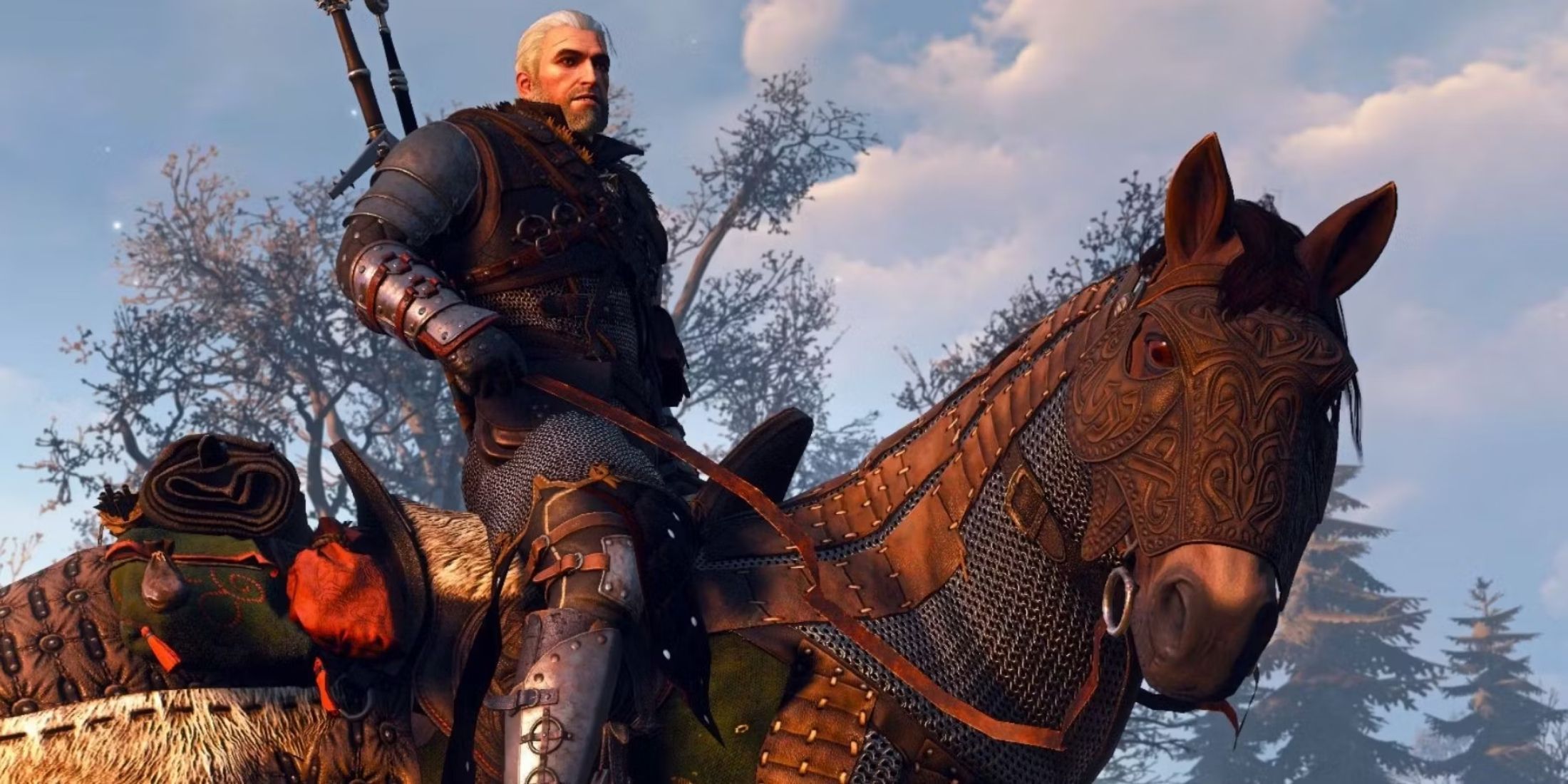 Geralt riding his horse, Roach, in The Witcher 3