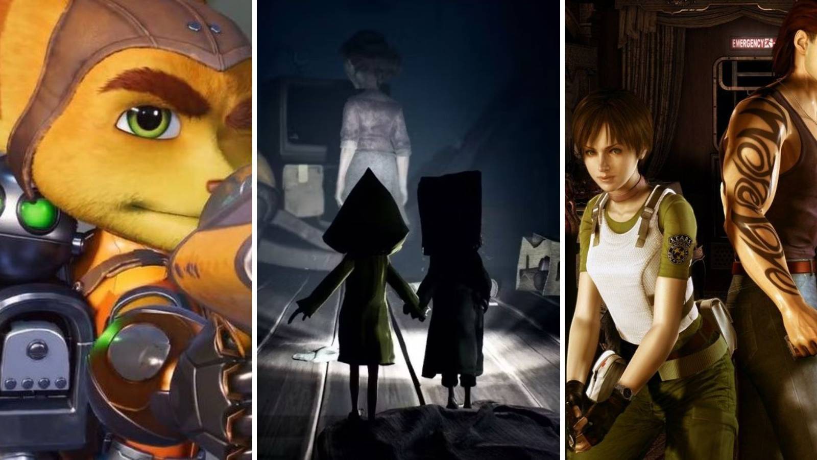 A grid showing the games Ratchet & Clank: Rift Apart, Little Nightmares 2, and Resident Evil Zero