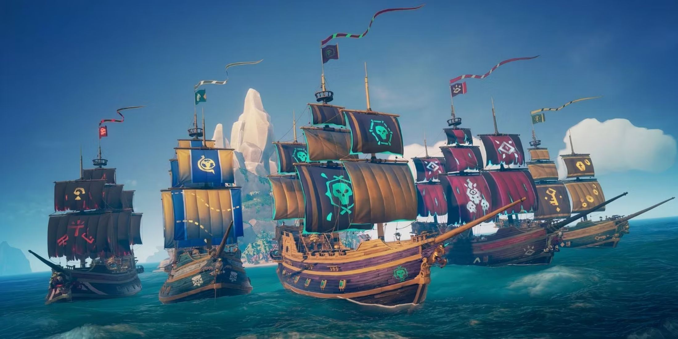 A fleet of pirate ships from Sea of Thieves