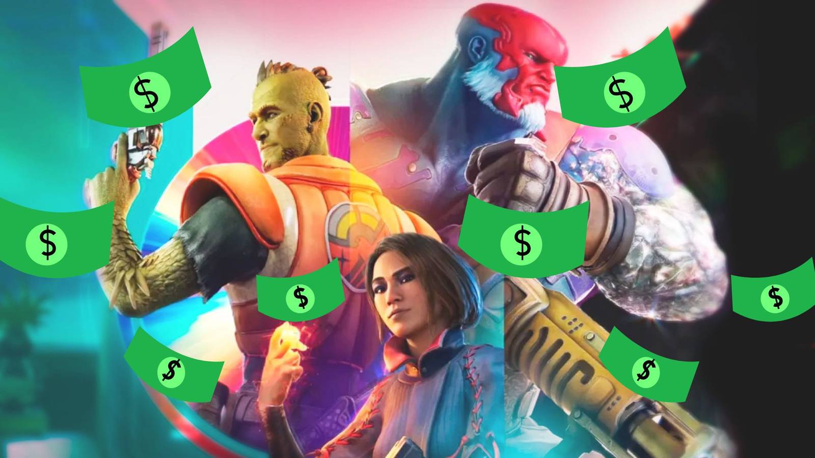 Concord key art with money falling in front of it.