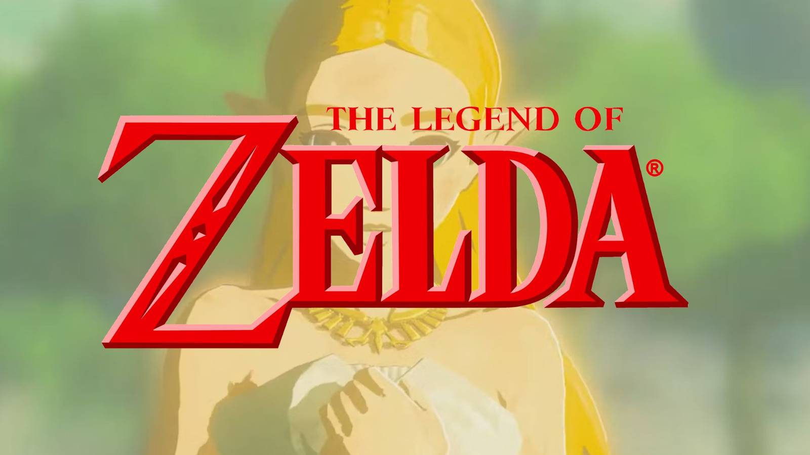 The logo for The Legend of Zelda in front of princess Zelda.