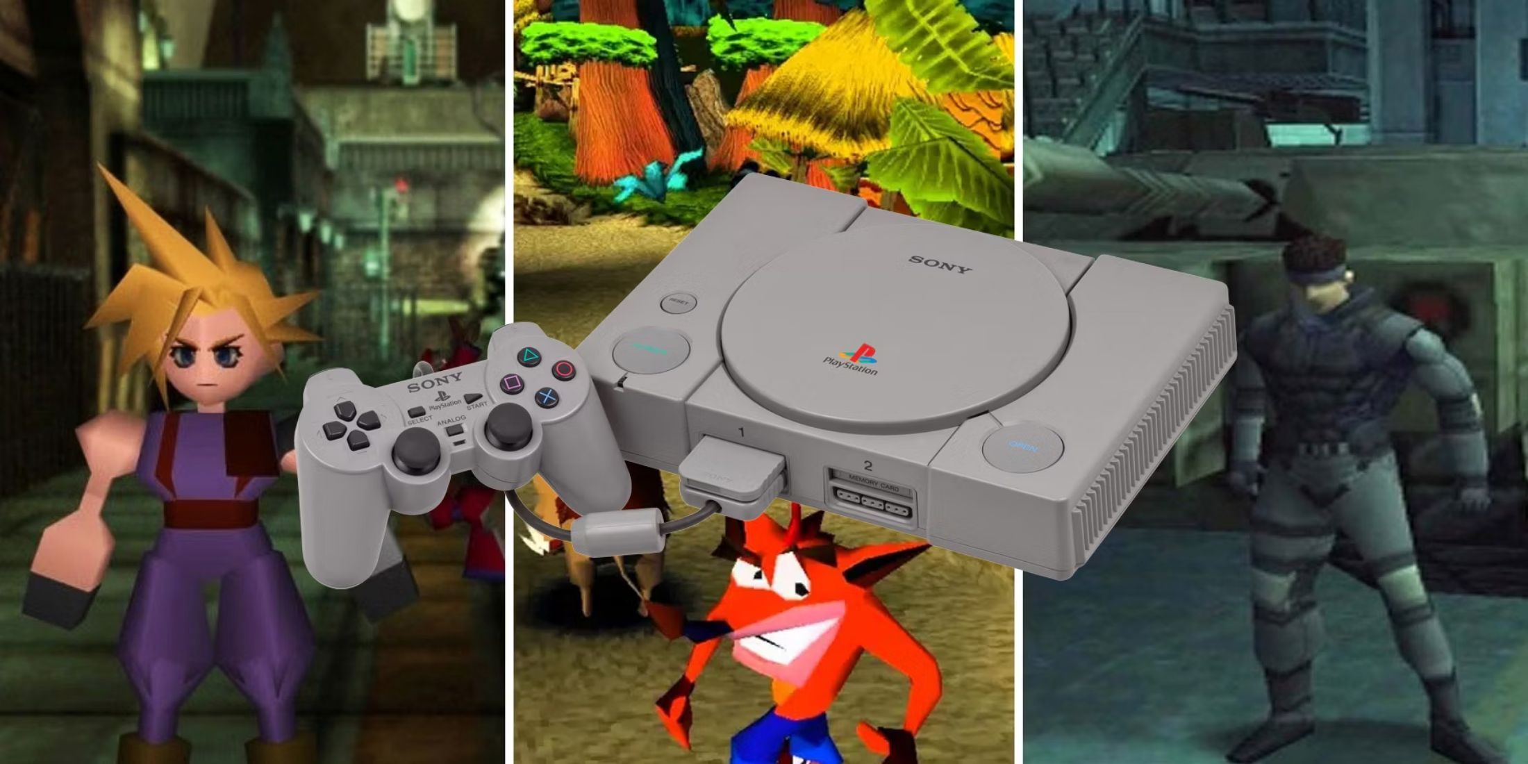 A PlayStation One console with some iconic characters in the background