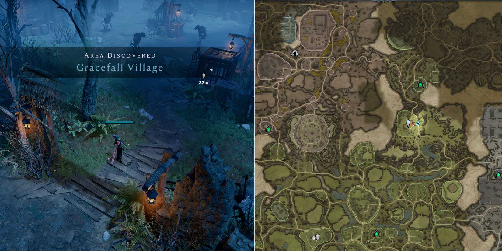 A player walking into gracefall village, alongside the location marked on the map