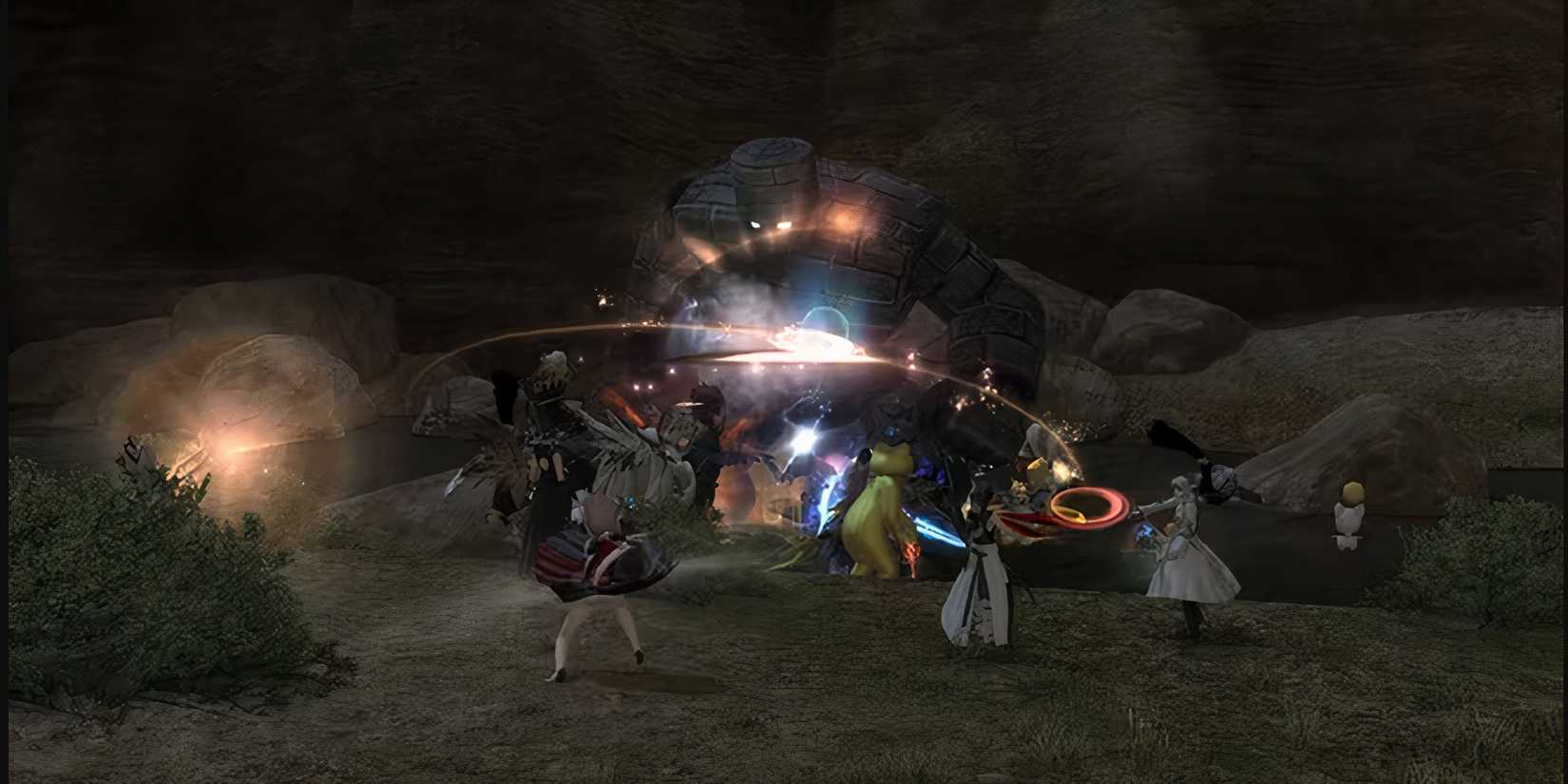 A group of players fighting a brick golem from the dragon quest event