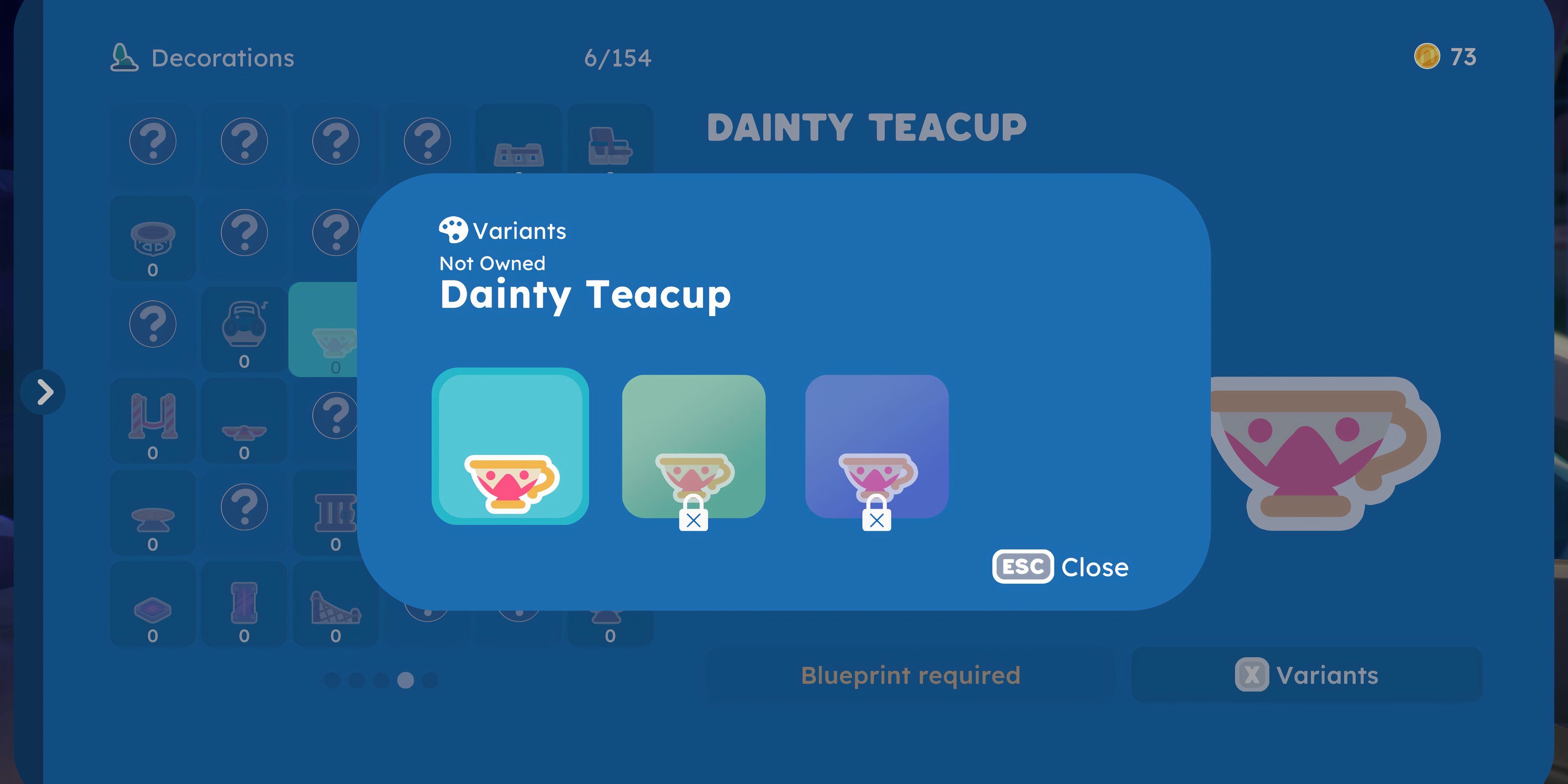 the variants screen for the dainty teacup gadget in the fabricator