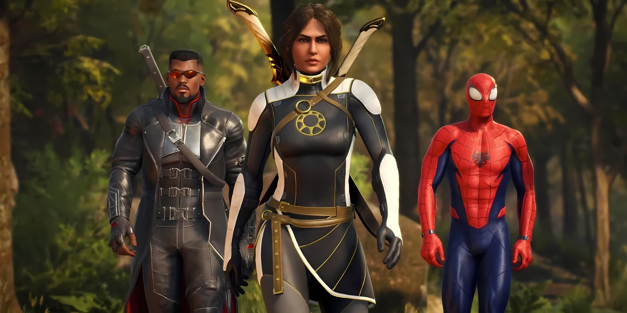 Blade and Spider-Man walking alongside a Midnight Suns player