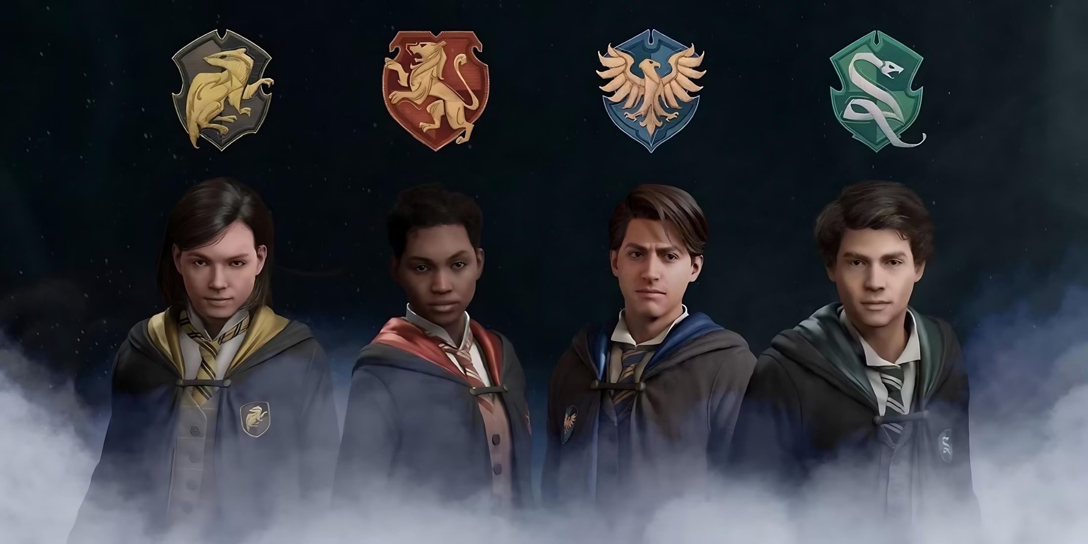 The four Hogwarts Houses with characters of each house from Hogwarts Legacy