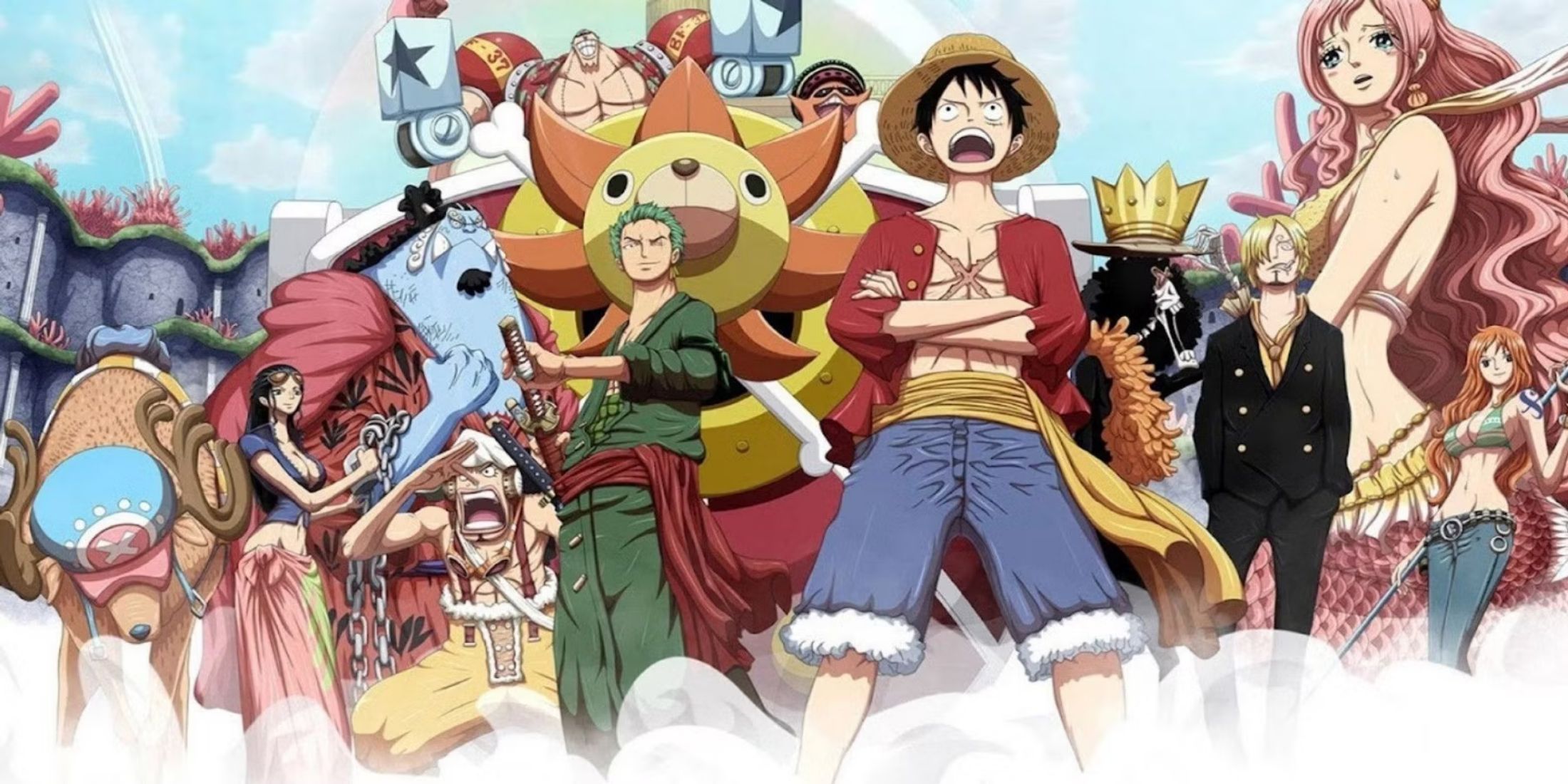 An array of characters from One Piece, with Luffy at the front