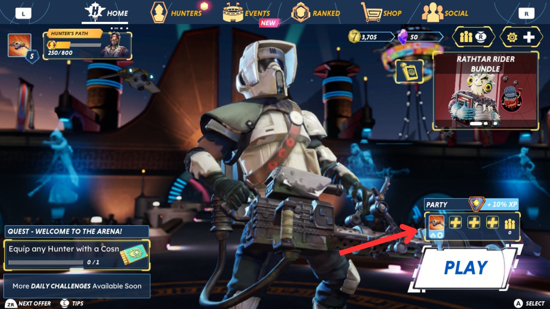 The main menu in Star Wars: Hunters, showing where the Party option is