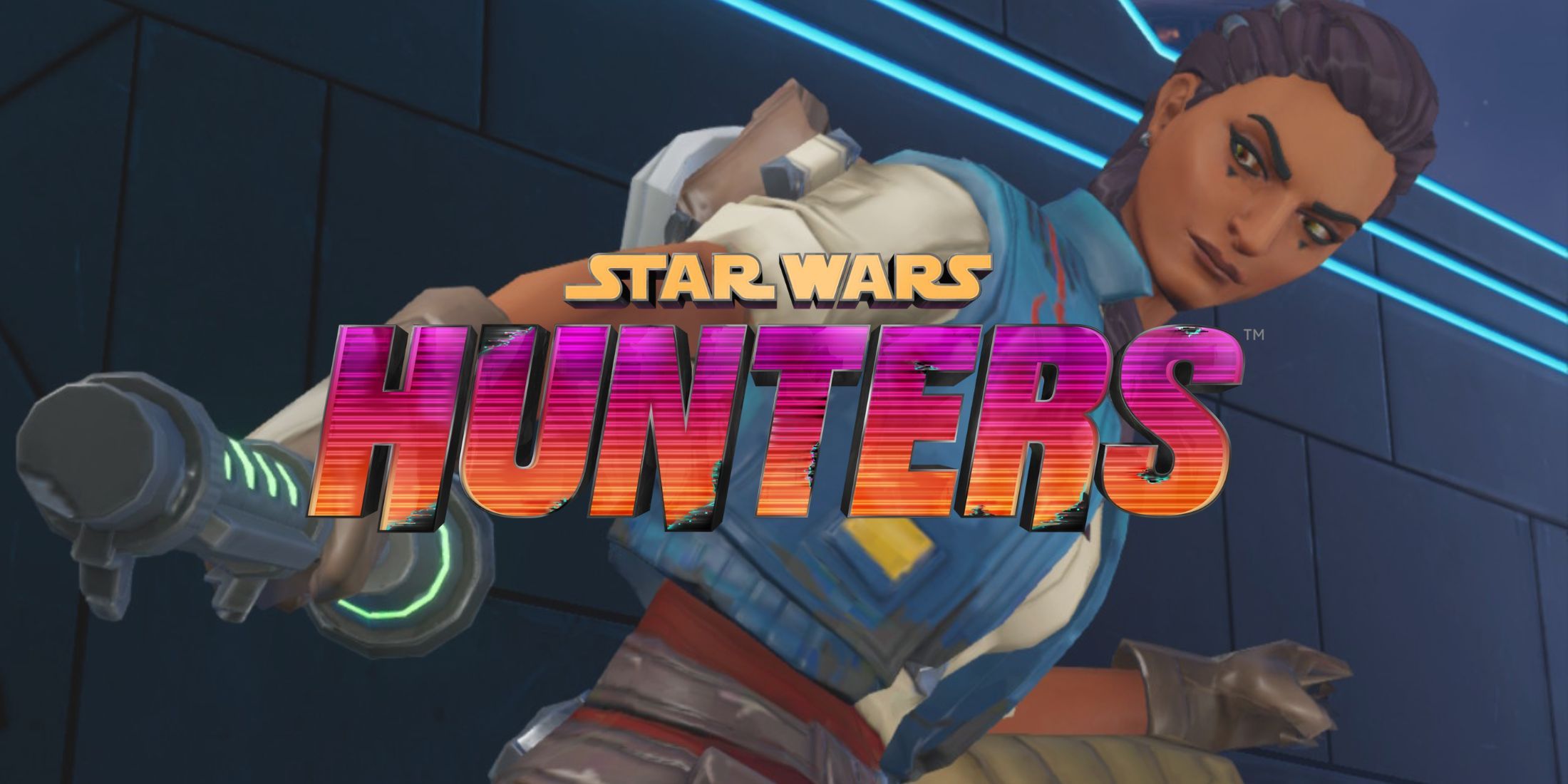 Zaina from Star Wars Hunters with the game logo in the forefront