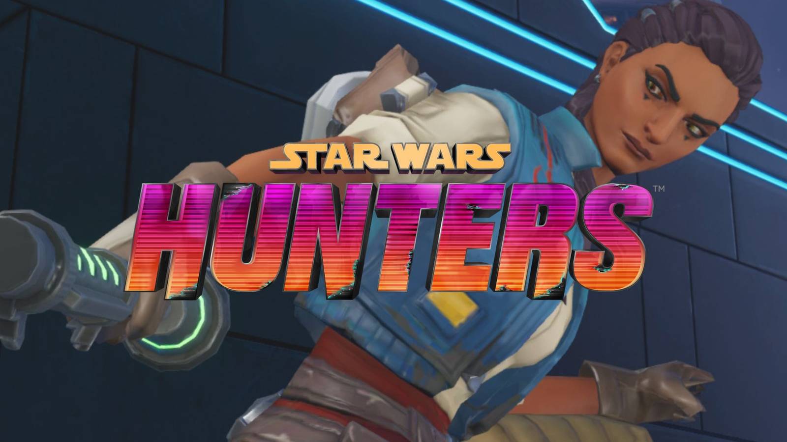 Zaina from Star Wars Hunters with the game logo in the forefront