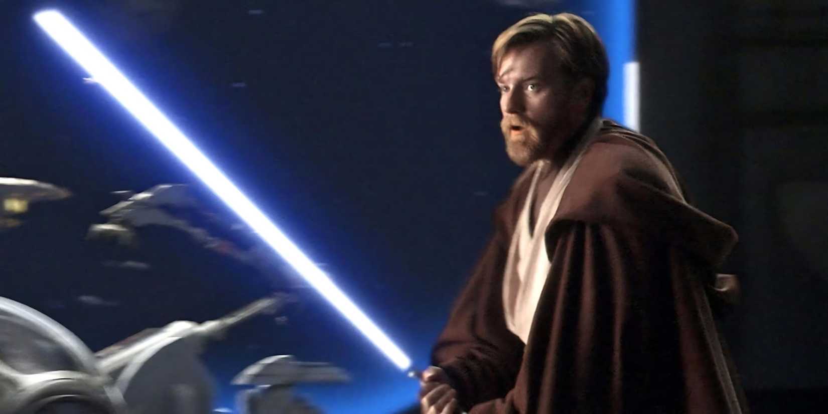 Obi Wan Kenobi with a blue lightsaber in Star Wars