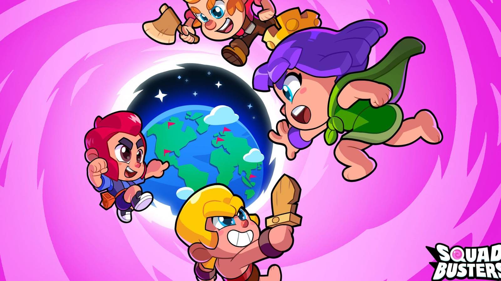 Multiple Squad Busters characters battling around a globe in a pink vortex