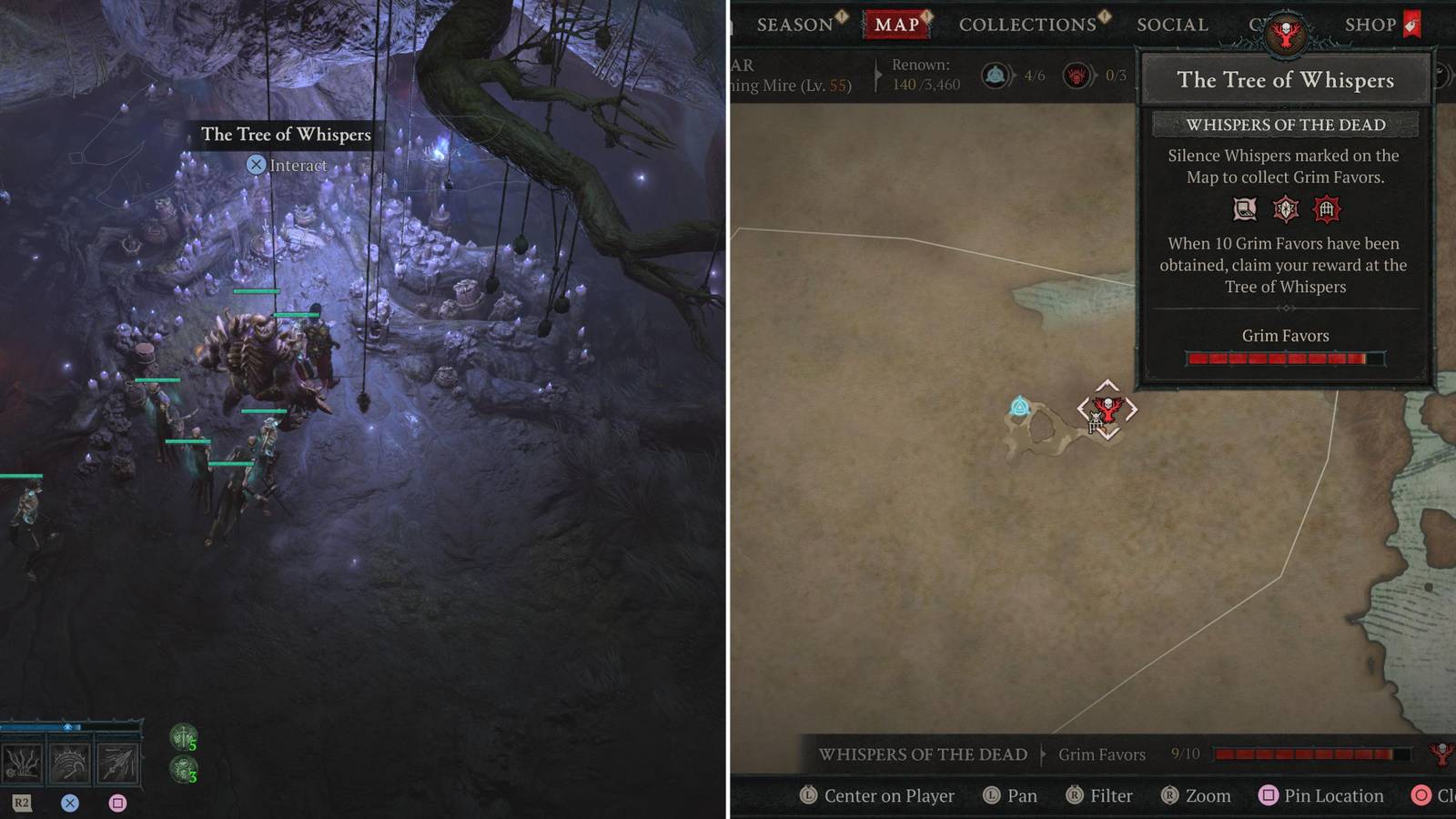 The Player Standing In Front Of The Tree Of Whispers & Its Location On The Map