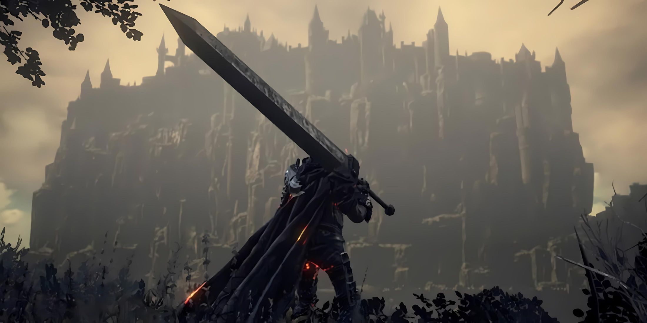 An Elden Ring player with a greatsword over their shoulder overlooking a great castle