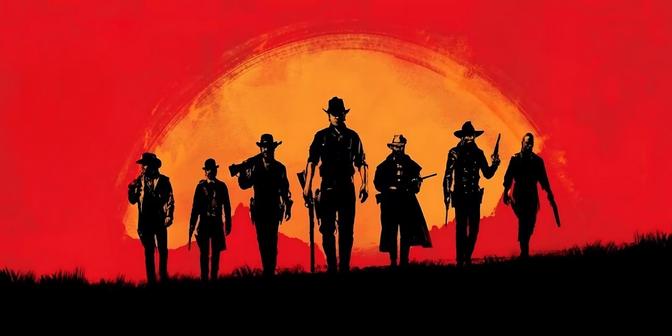 A cover image for Red Dead Redemption 2, showing multiple character silhouettes in the distance