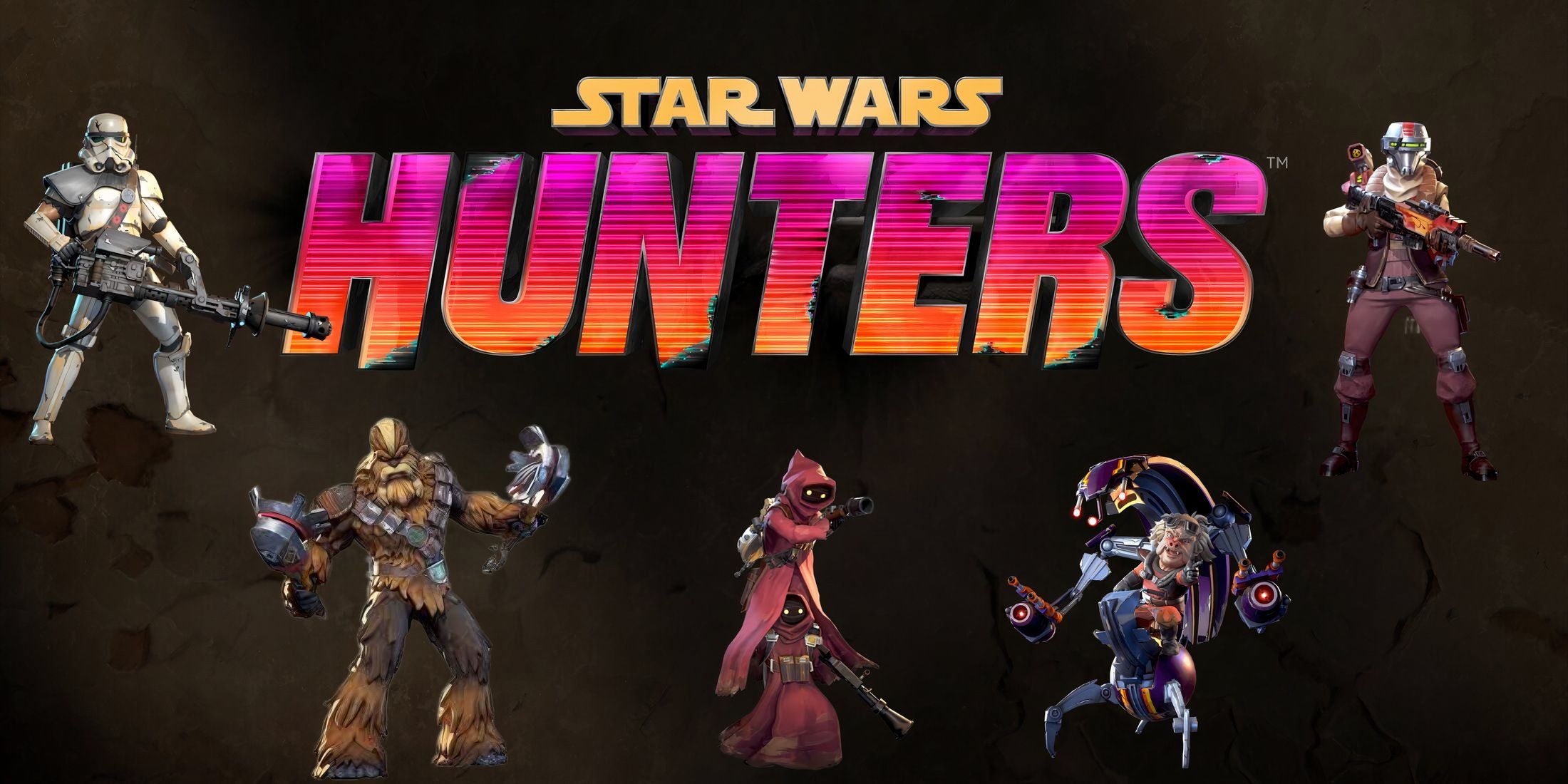 Multiple characters from Star Wars: Hunters surrounding the game's logo