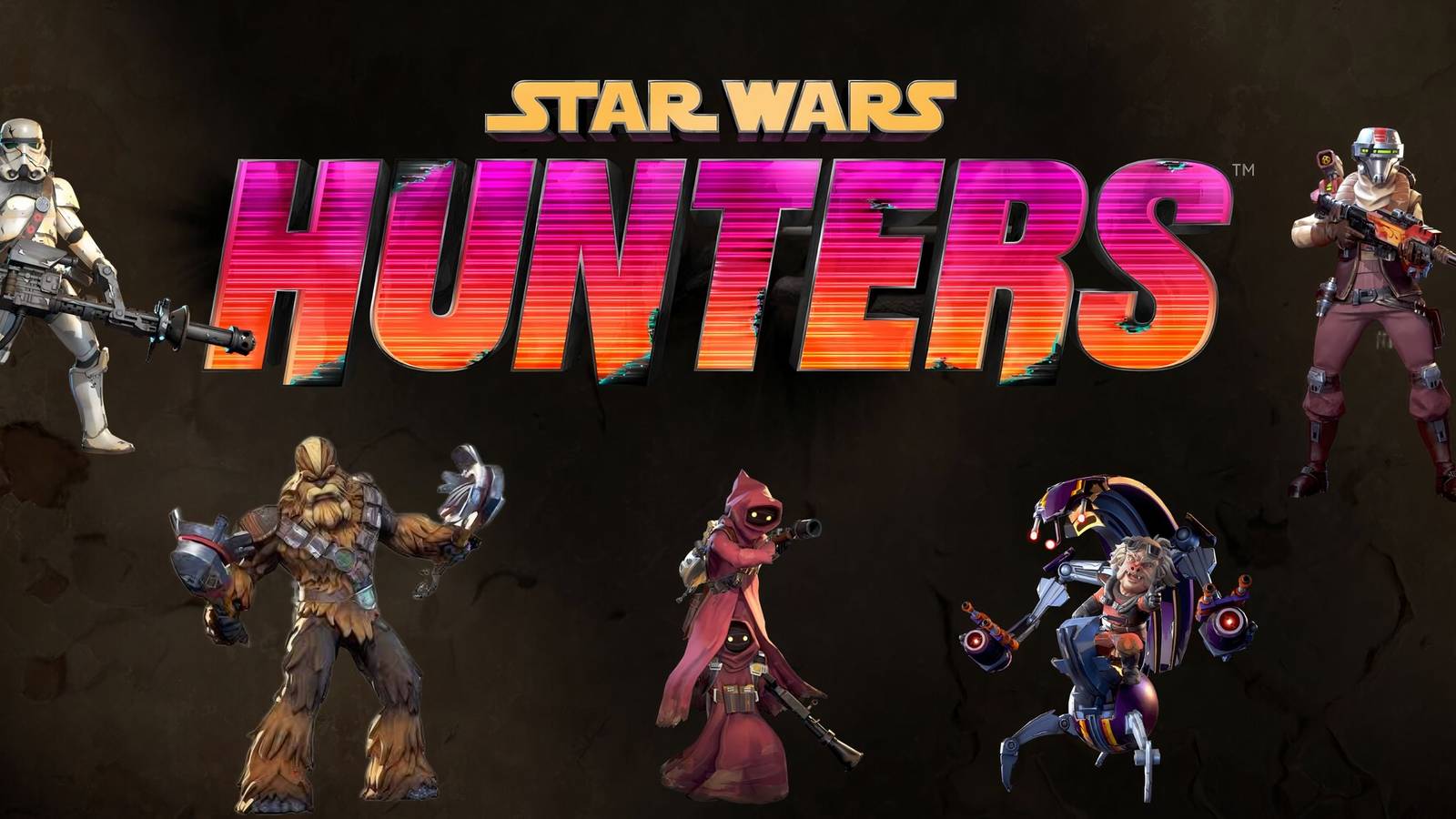 Multiple characters from Star Wars: Hunters surrounding the game's logo