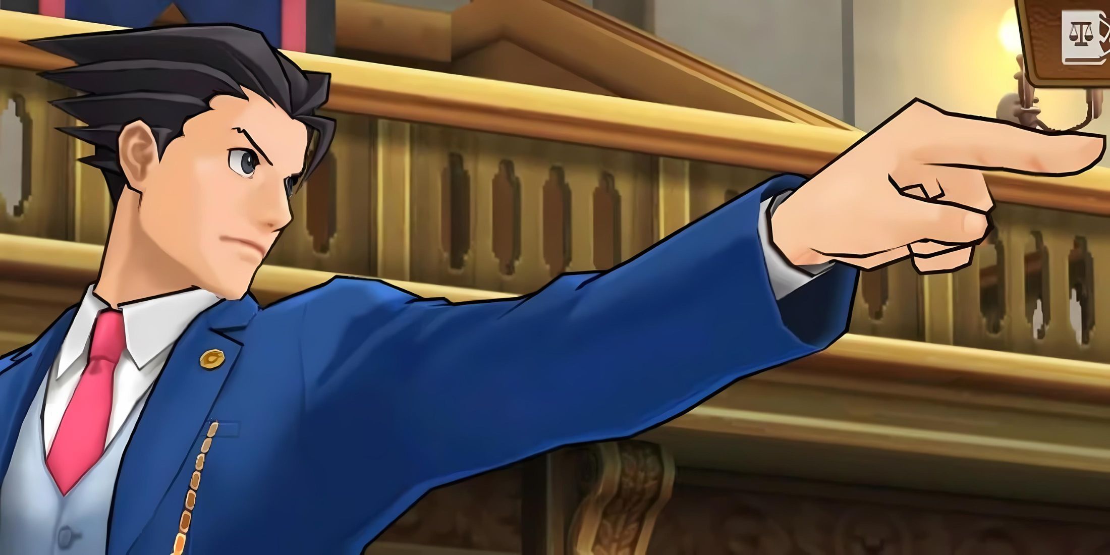 Phoenix Wright in a blue suit with red tie in a courtroom pointing to the right of the screen