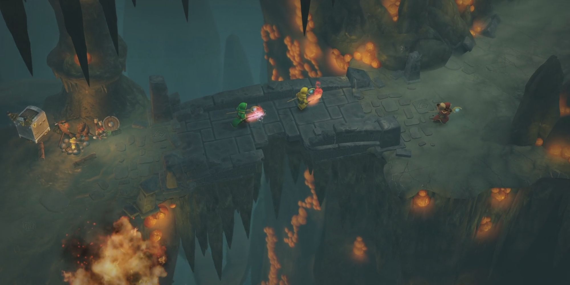 Players walking across a bridge in Magicka 2