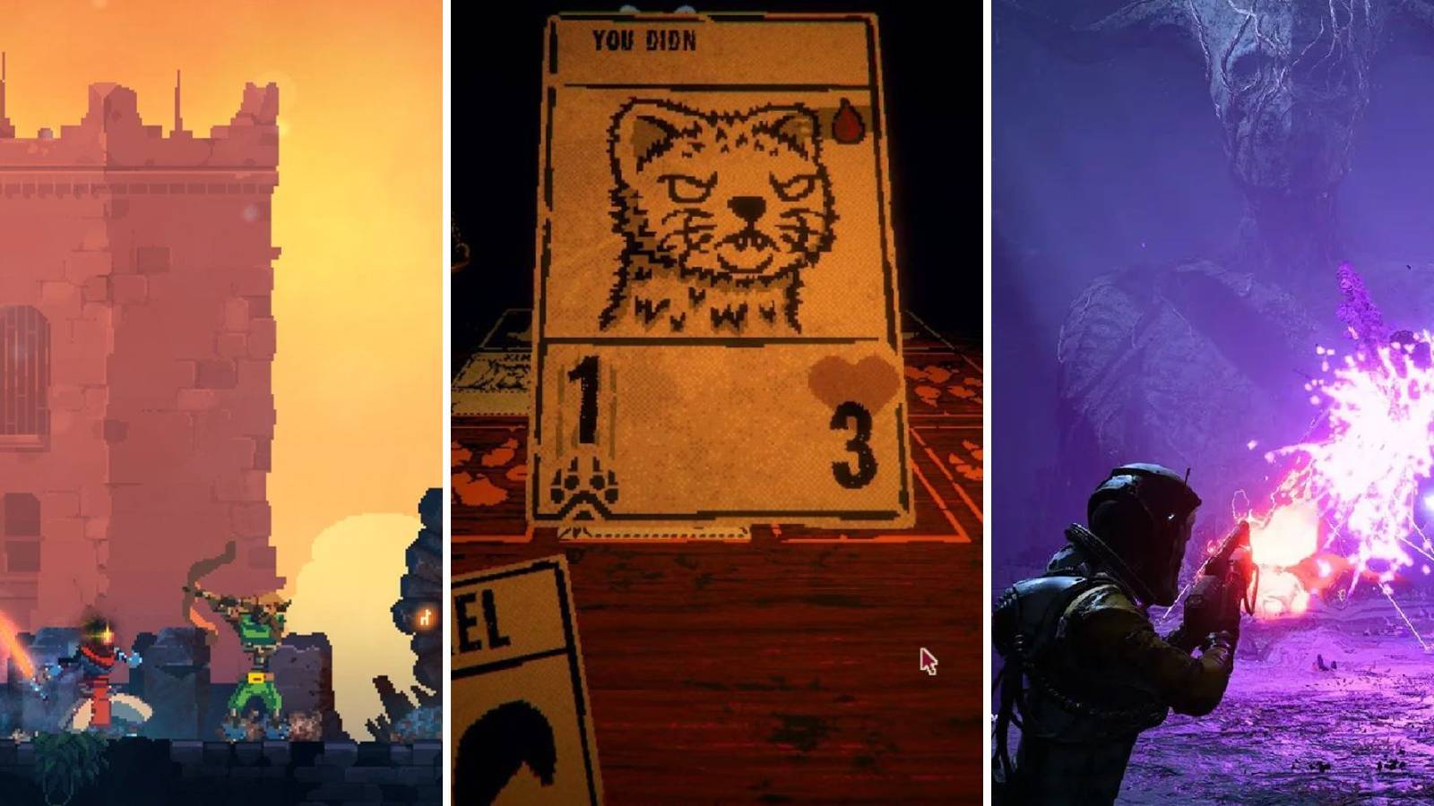 A grid of the roguelike games Dead Cells, Inscryption, and Returnal