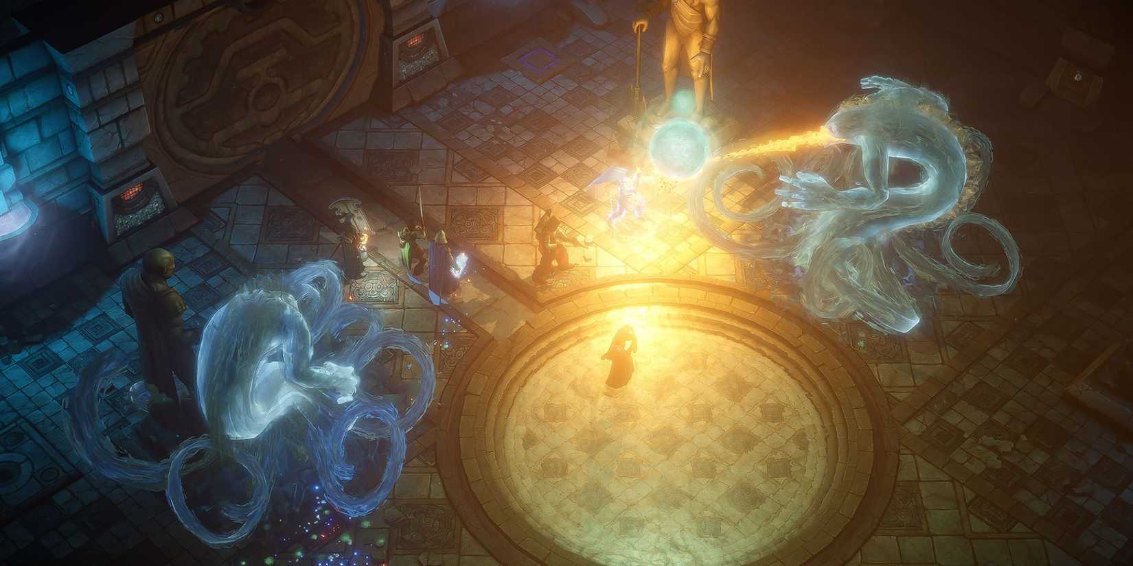 A player surrounded by blue glowing monsters in Pathfinder: Kingmaker