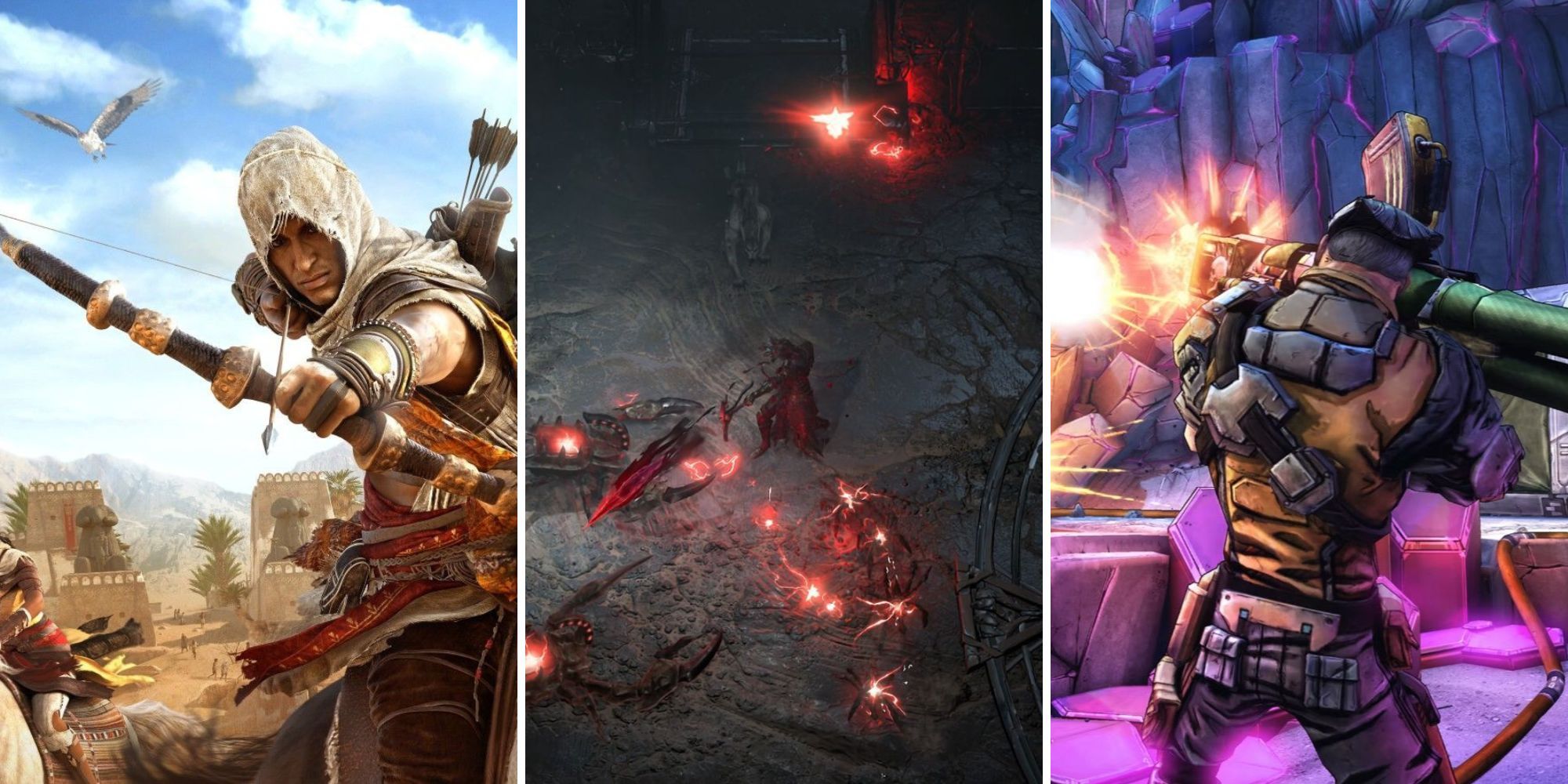 A grid showing the western RPGs Assassin’s Creed: Origins, Diablo 4, and Borderlands: The Pre-Sequel