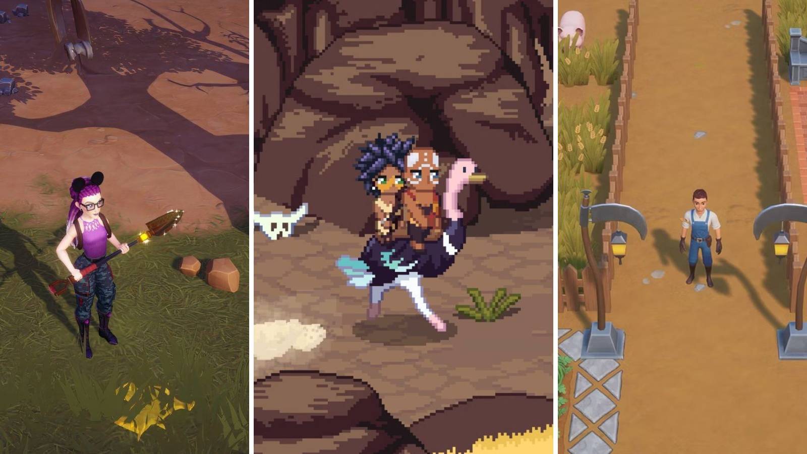 A grid of the life simulator titles Disney Dreamlight Valley, Roots of Pacha, and Coral Island