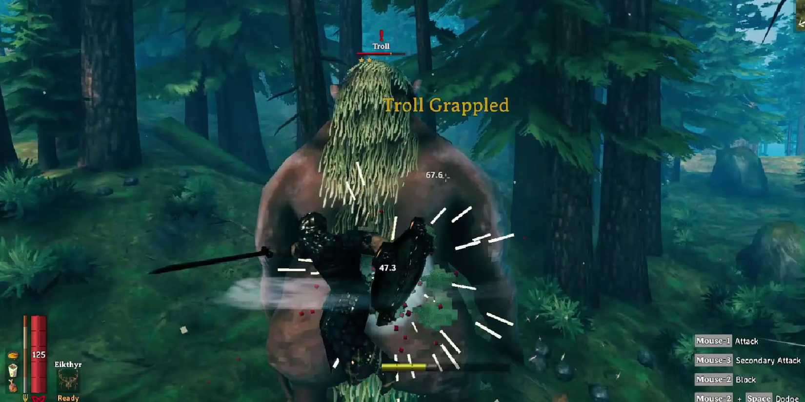 Valheim troll grappled by player in Valheim