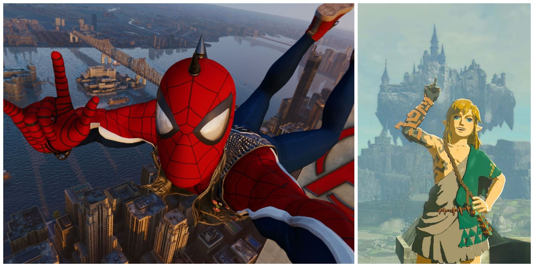 Spider-Man (left) and Link (right) taking selfies