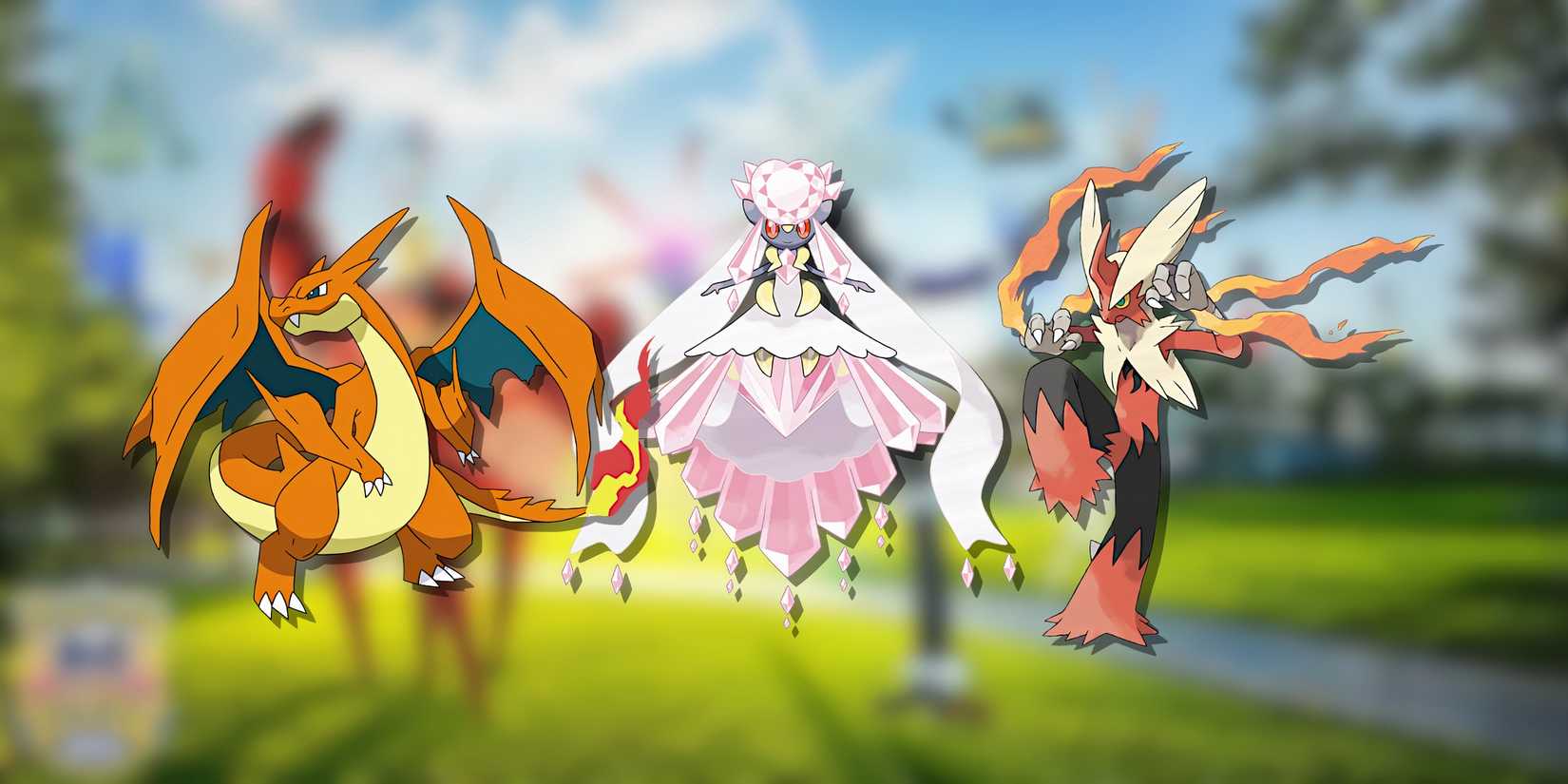 Image of Mega Y Charizard, Mega Diancie, and Mega Blaziken from Pokemon GO