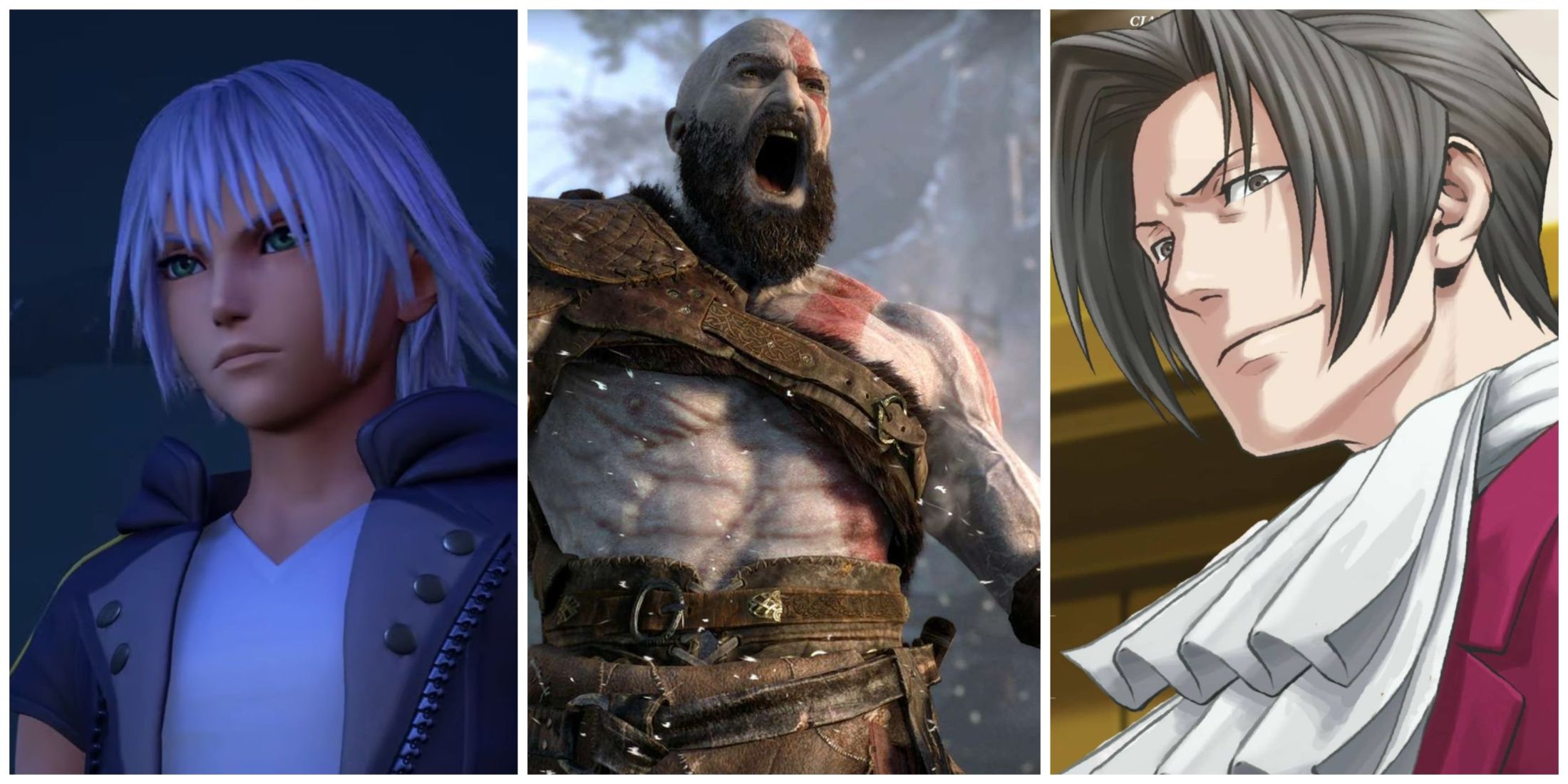 Riku from Kingdom Hearts (left), Kratos from God of War (middle), and Miles Edgeworth (right)