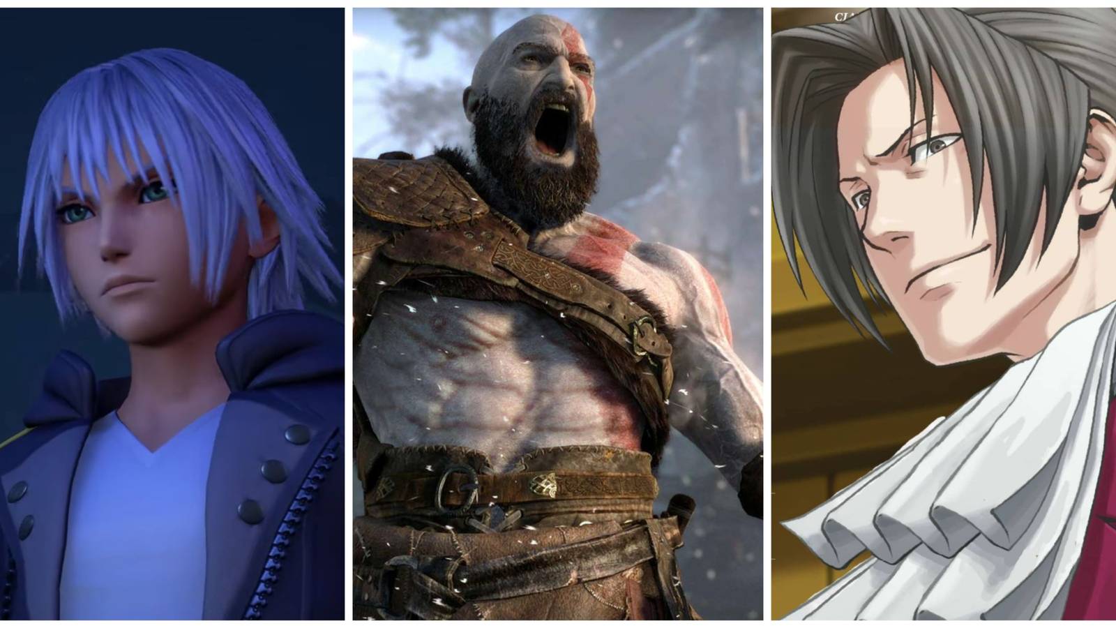 Riku from Kingdom Hearts (left), Kratos from God of War (middle), and Miles Edgeworth (right)