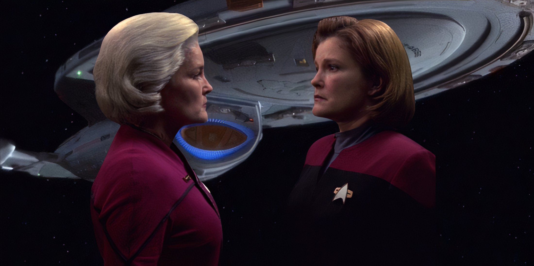 Star Trek: Voyager. Captain Janeway faces Admiral Janeway from the future.