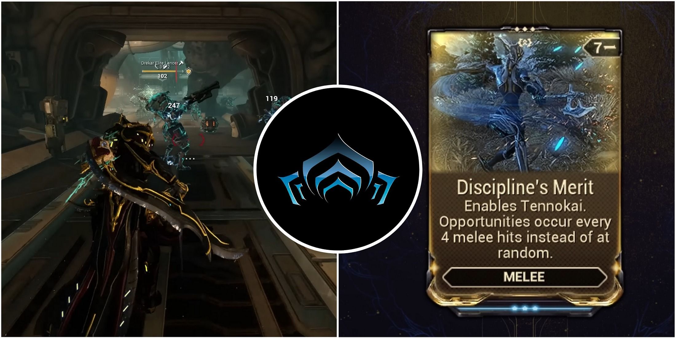 Featured image for Warframe showcasing the Tenno proceeding to attack an enemy, and a Tennokai mod card.