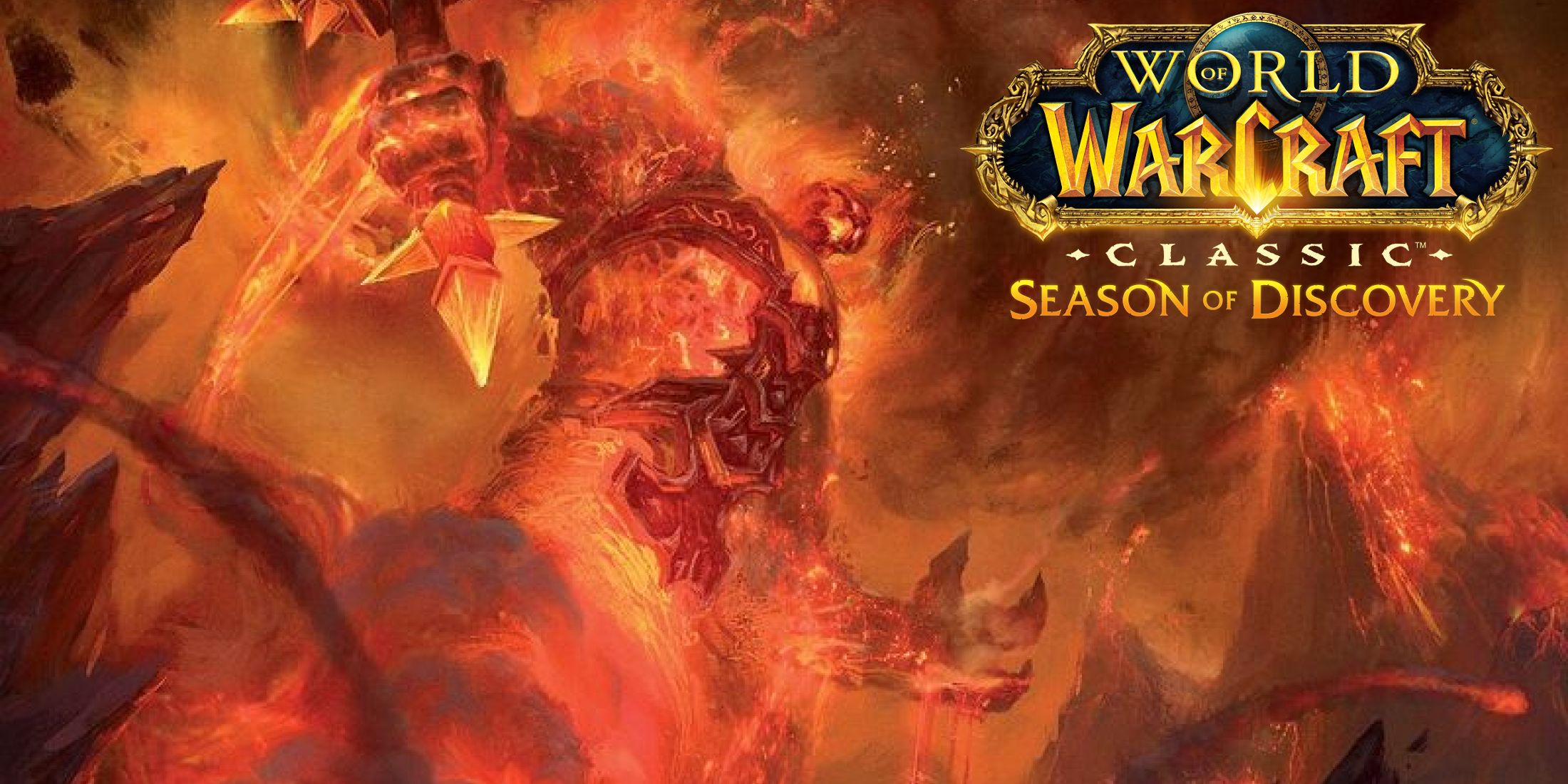 ragnaros erupting from blackrock mountain in the searing gorge from wow with the season of discovery logo
