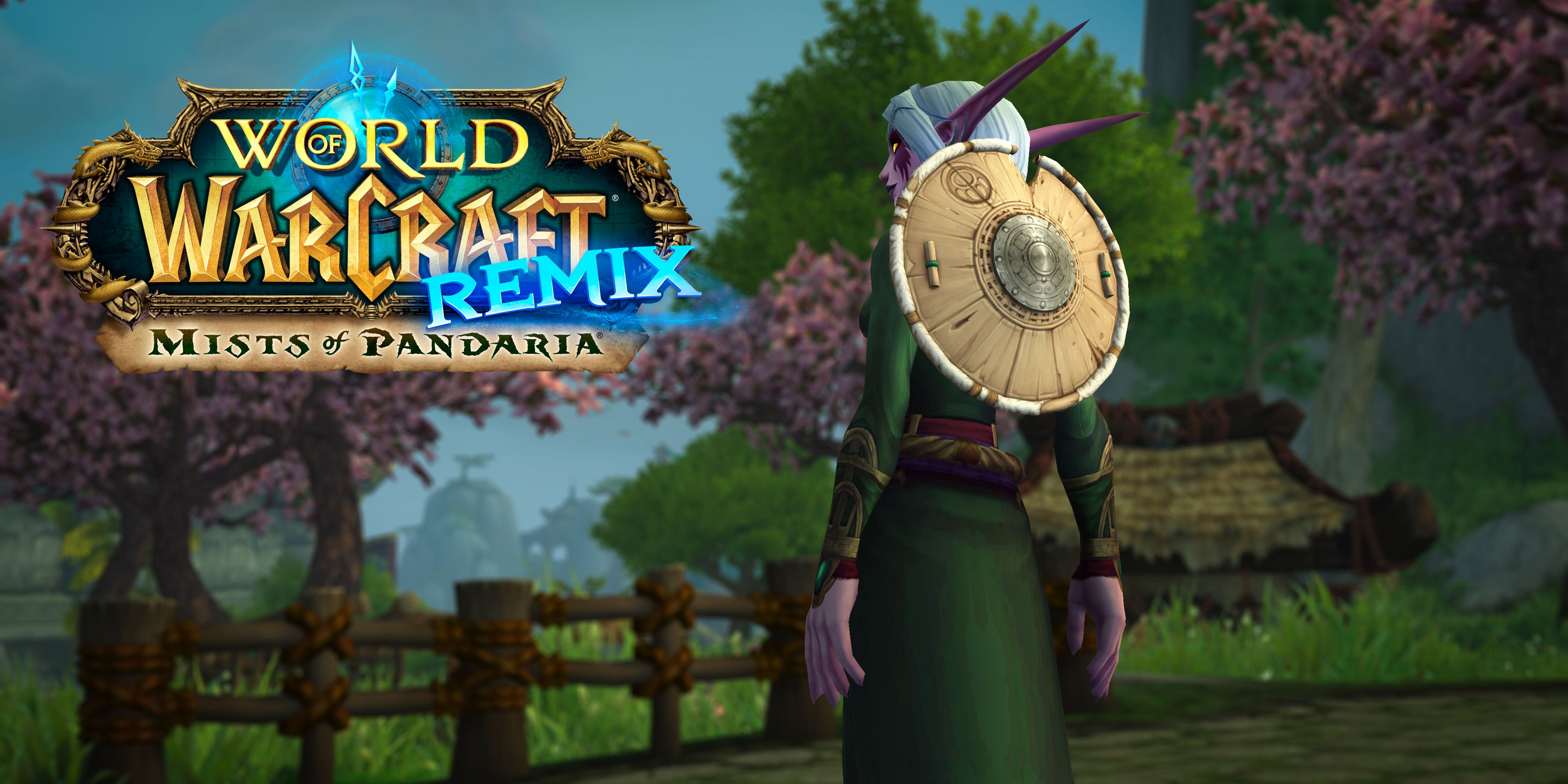 night elf wearing a pandaren hat on her back from wow remix mists of pandaria