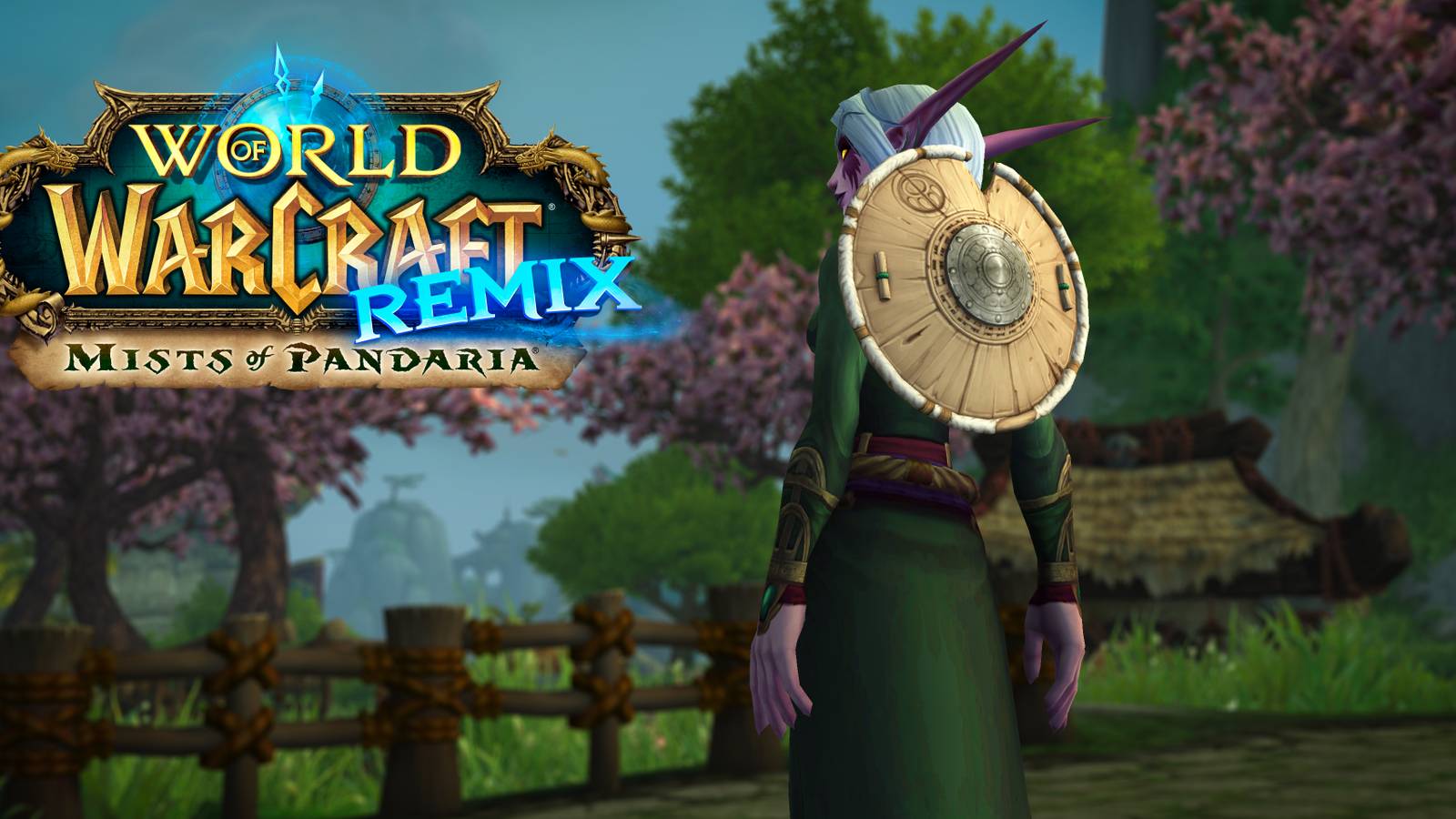 night elf wearing a pandaren hat on her back from wow remix mists of pandaria