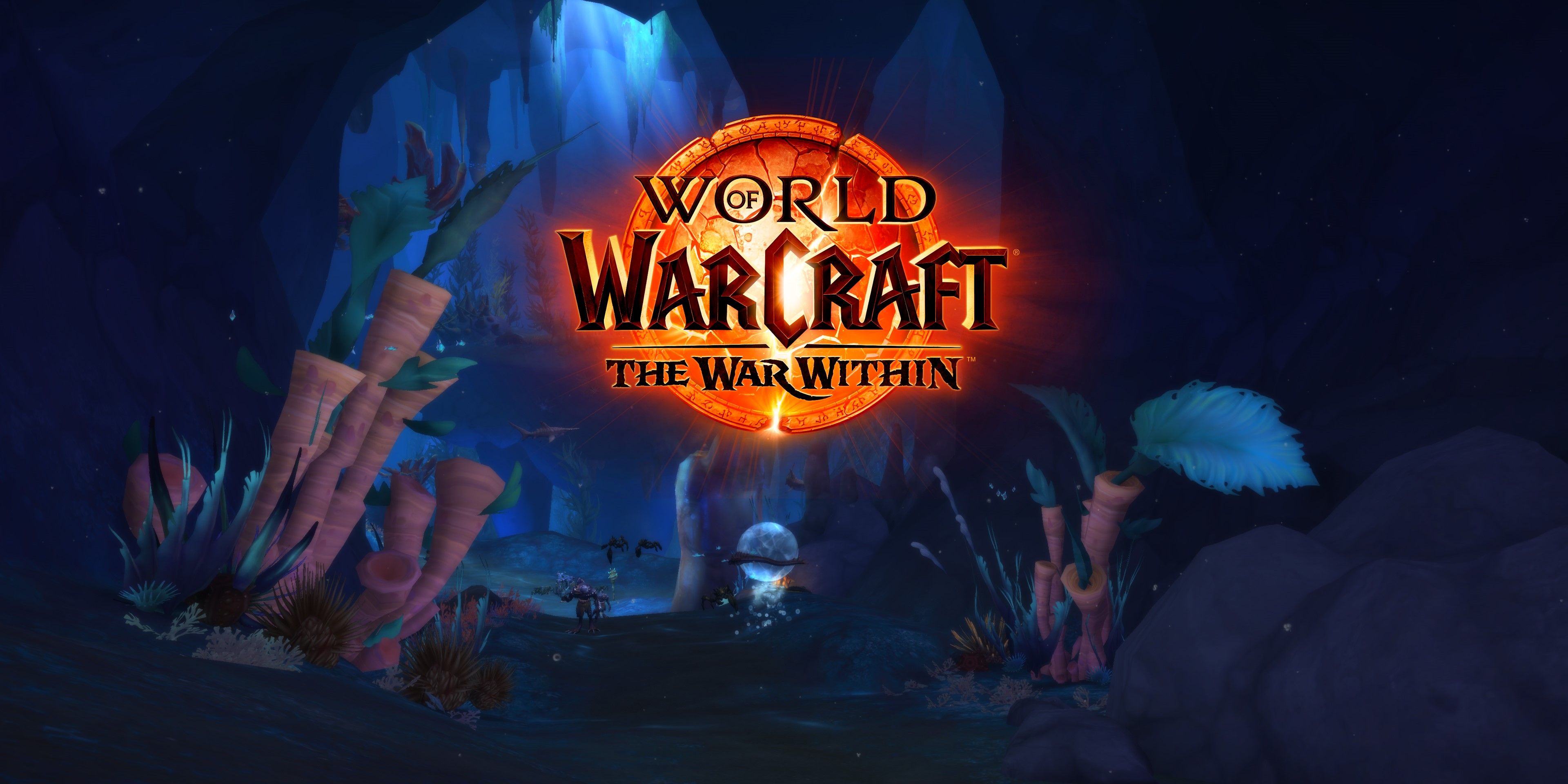 underwater delve area with aquatic plants with the wow the war within logo
