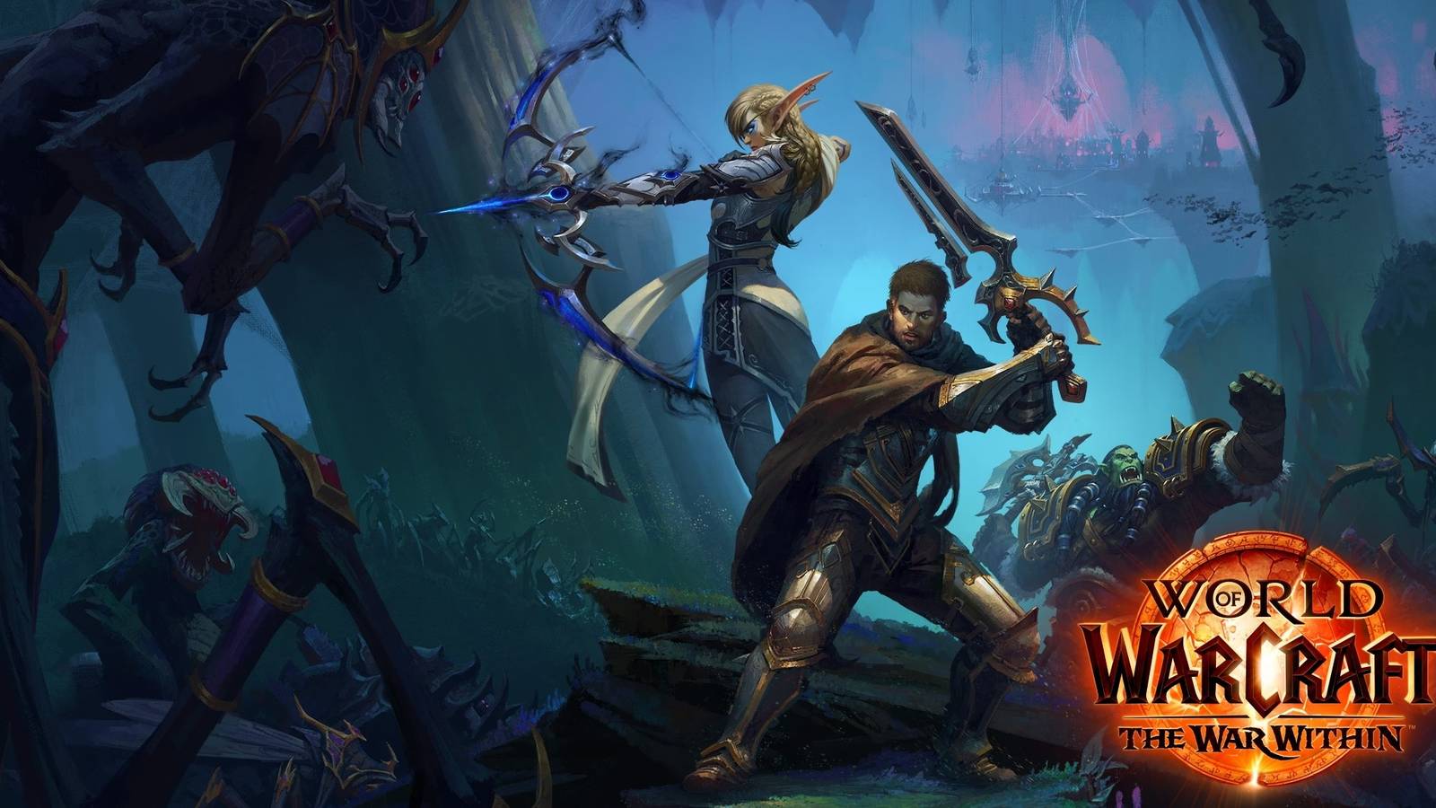 alleria anduin and thrall fighting nerubians from the war within key art