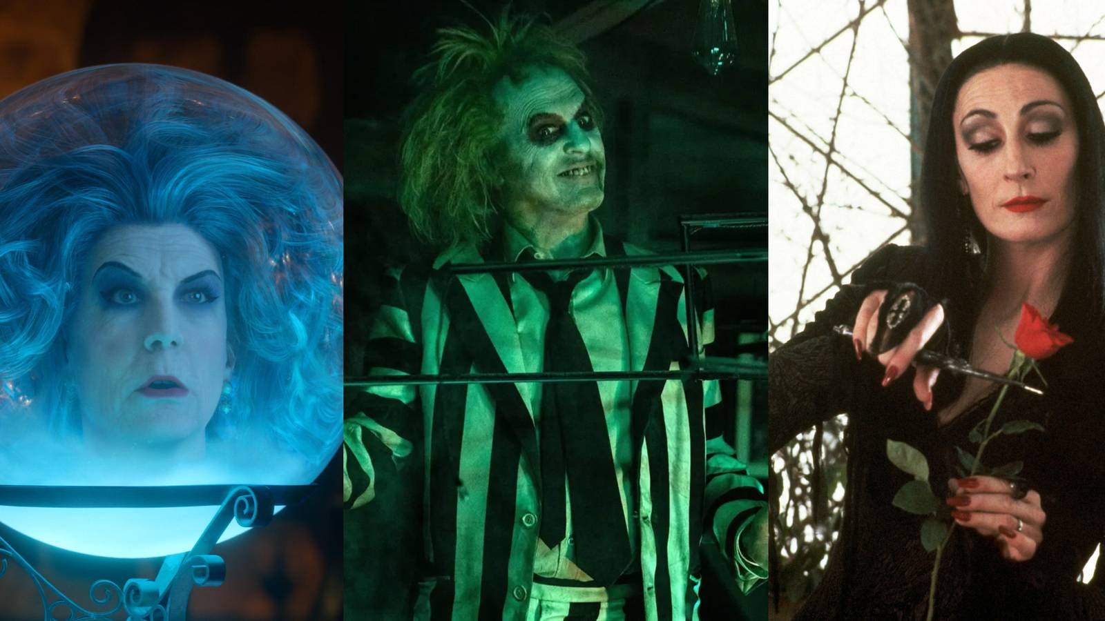 X Movies To Watch While Waiting For Beetlejuice 2 split image Madam Leota, Beetlejuice, Morticia Addams