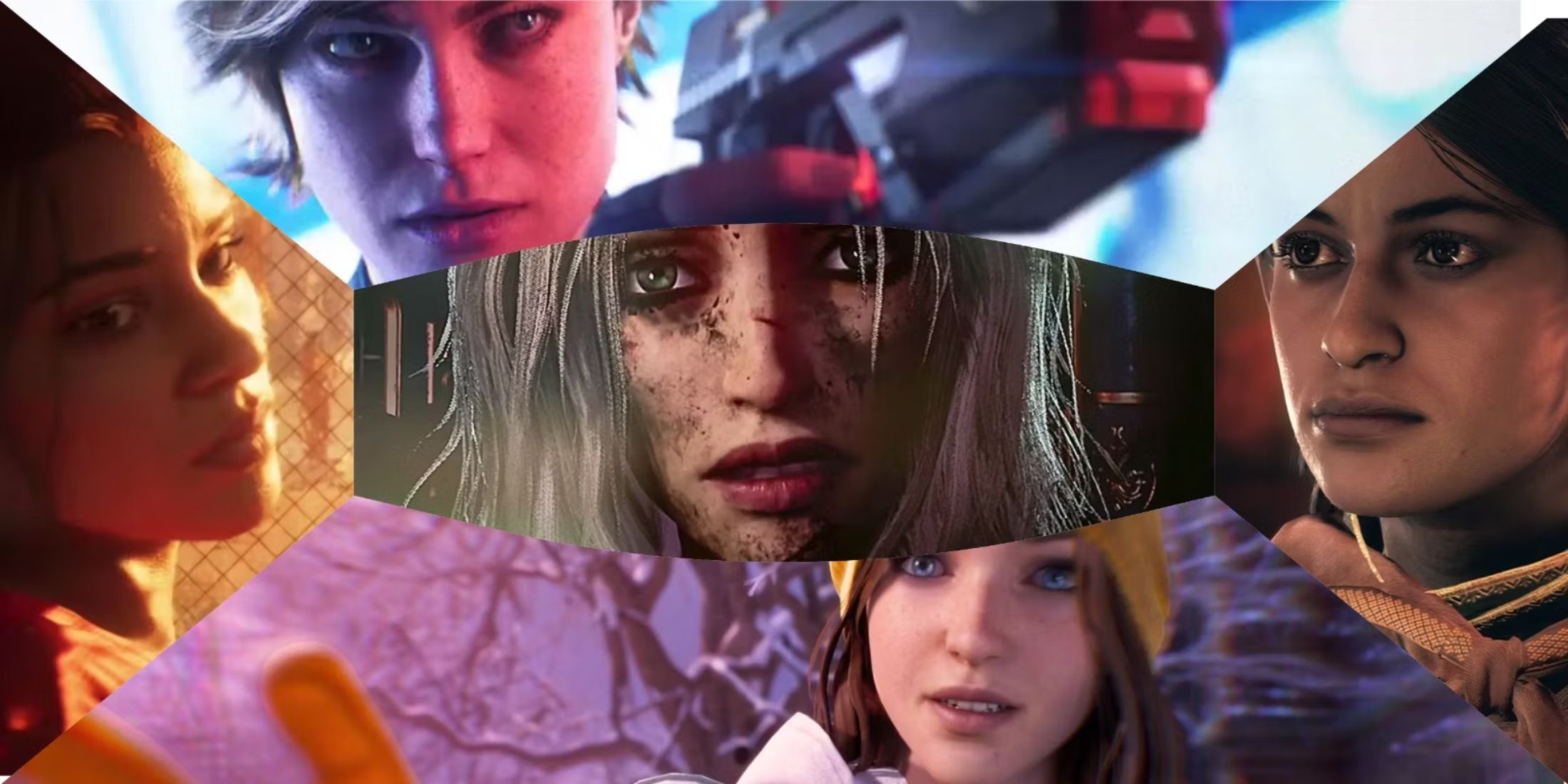 A collage of female protagonists from upcoming games (Grand Theft Auto 6, Life is Strange Double Exposure, Judas, Perfect Dark, Unknown 9: Awakening)